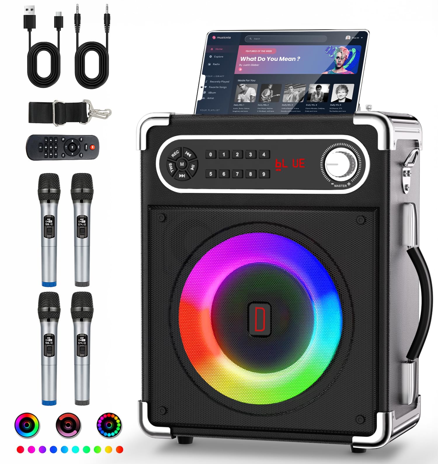 Karaoke Machine with 4 Wireless Microphones, Portable Bluetooth 5.1 Speaker for Adults Kids with LED Lights, Bass/Treble Adjustment, PA System with Remote Control, Supports FM/AUX/USB/TF for Party