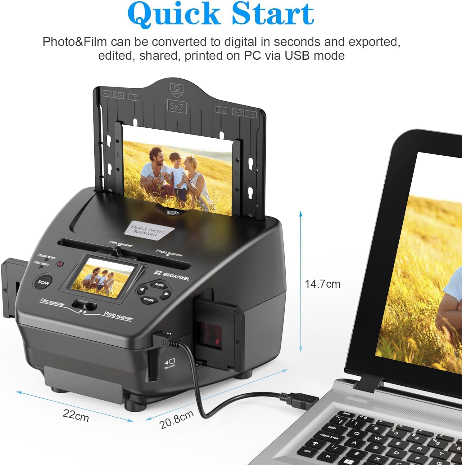 Photo and Slide Scanner with 2.4” LCD Screen, Convert Negatives & Slides 35mm/135 Film, Photo(3R,4R,5R), Business Card to High Resolution 22MP JPEG Digital Photos, 4GB SD Card Included-grey