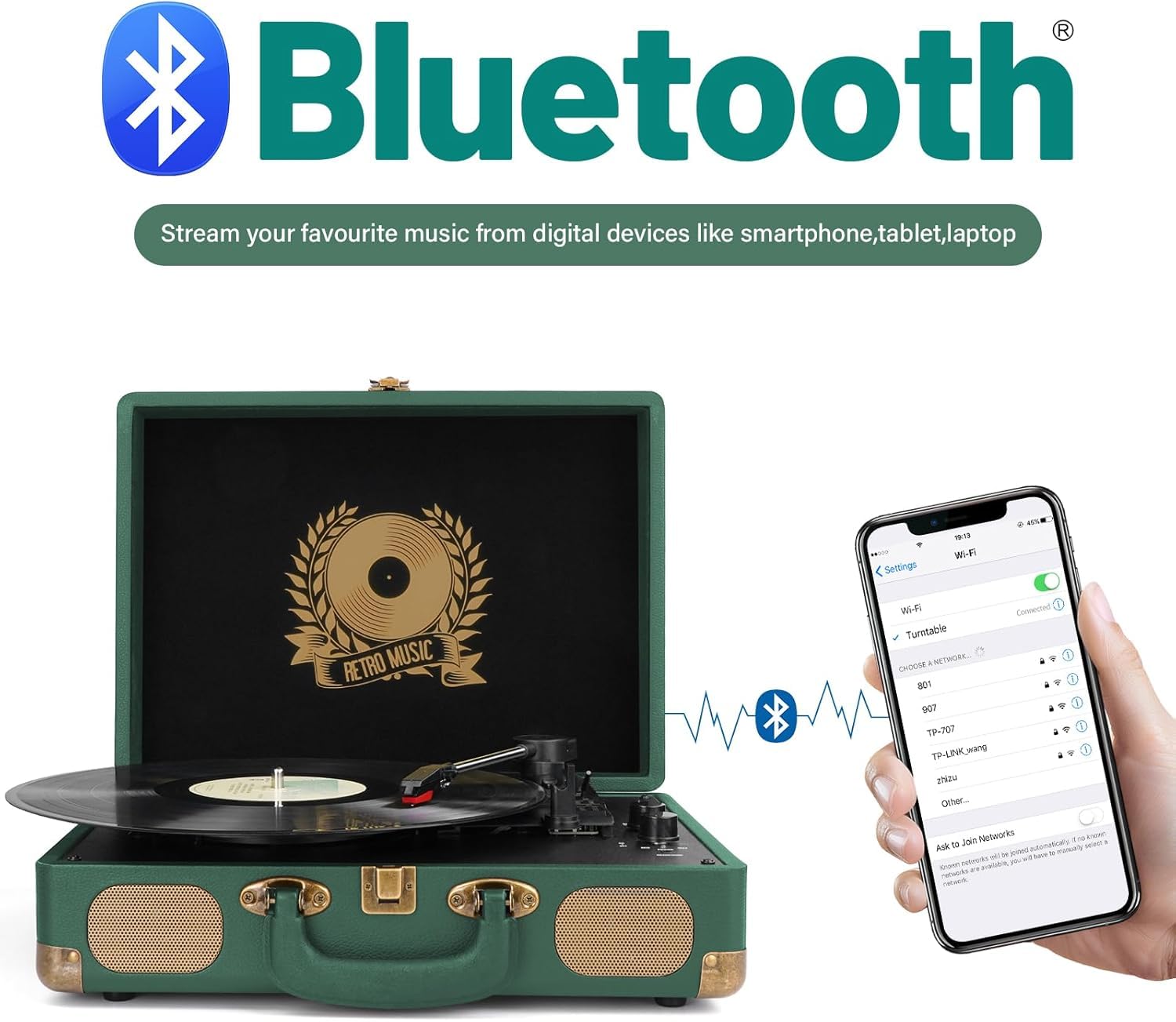 Vinyl Record Player Bluetooth Turntable 3-Speed Suitcase Portable Vintage Belt-Driven Record Player with Built-in Speakers RCA Line Out AUX in Headphone Jack Dark Hunter Green