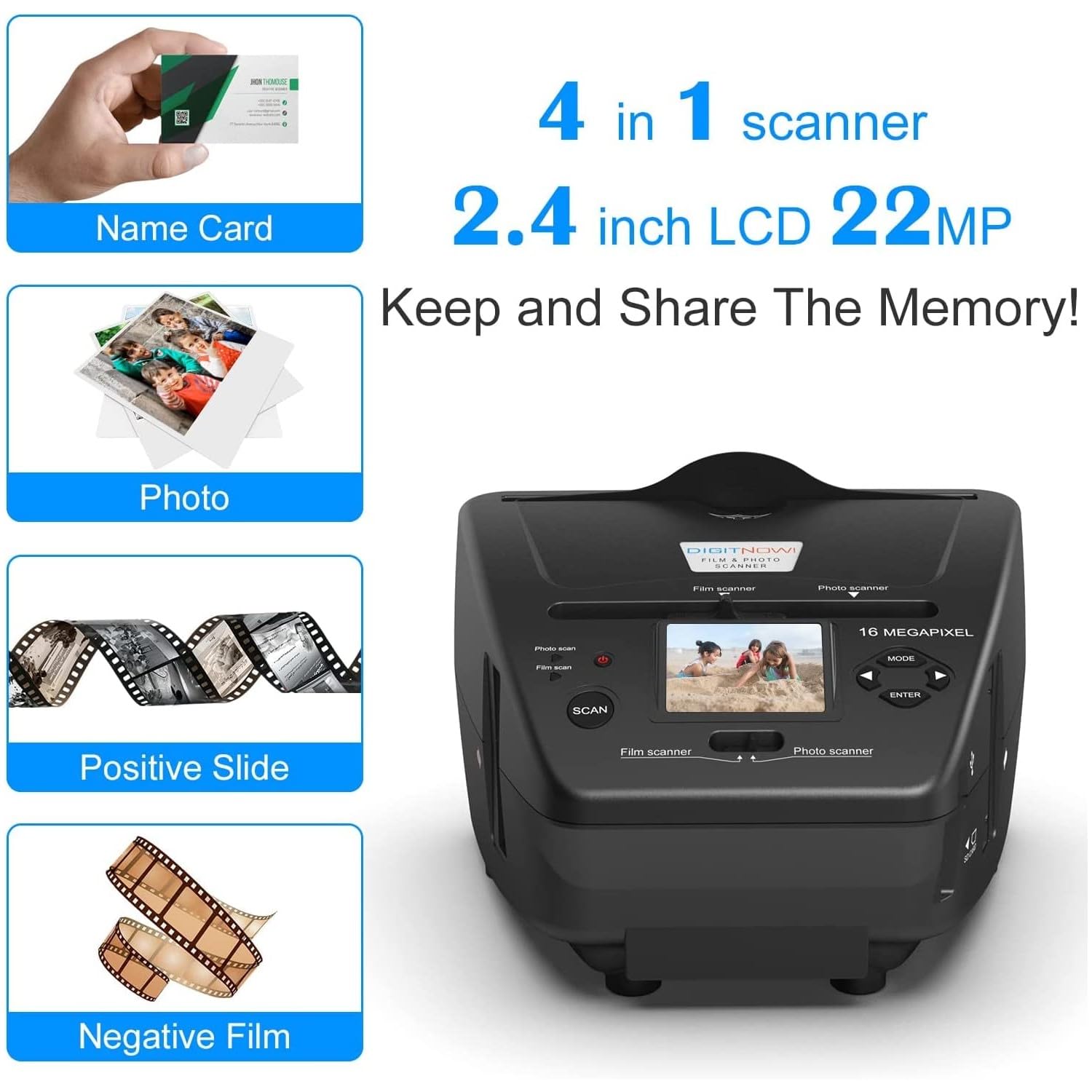 2.4"LCD Film & Photo Scanner with 22MP ,Support 35mm/135 Slides & Negatives Film, Photo, Black