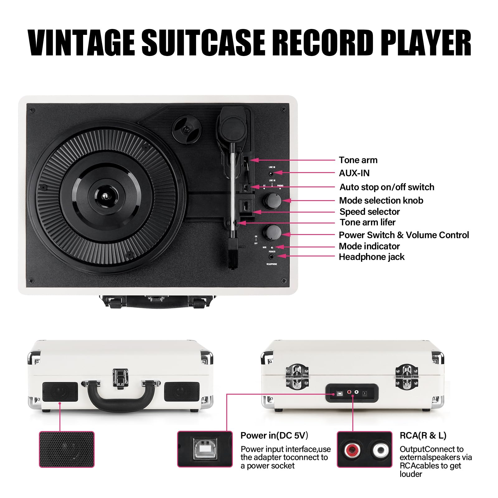 Vinyl Record Player Bluetooth 3-Speed Portable Vintage Suitcase with Built-in Speakers, RCA Line Out AUX in Headphone Jack Vintage Turntable, White