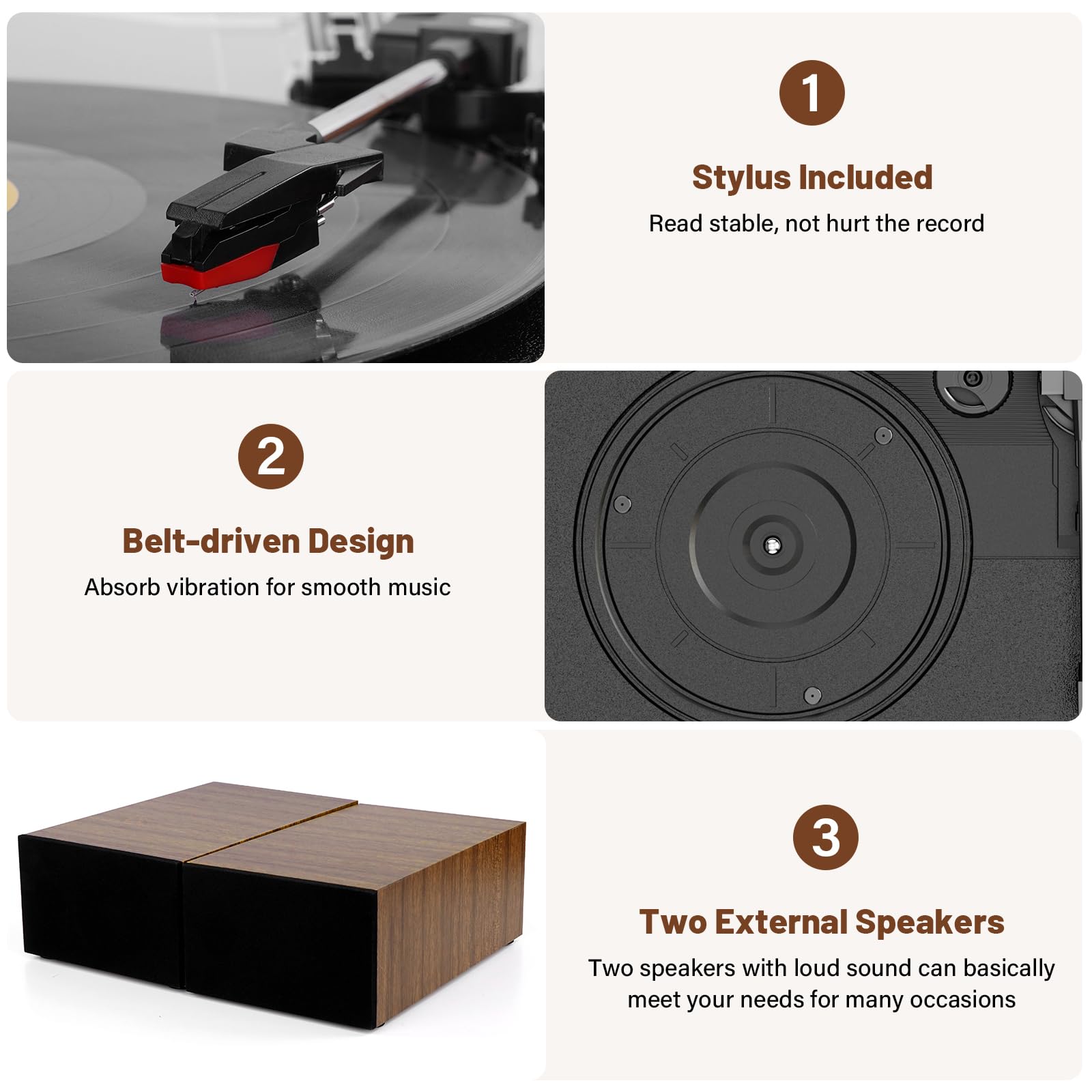 Retro Vinyl Record Player Bluetooth Desktop Phonograph Belt-Drive Turntable with External Speakers,Dual Stereo Speakers LP Players AUX Headphone Input RCA Out, 3 Speeds 3 Sizes Wood Brown