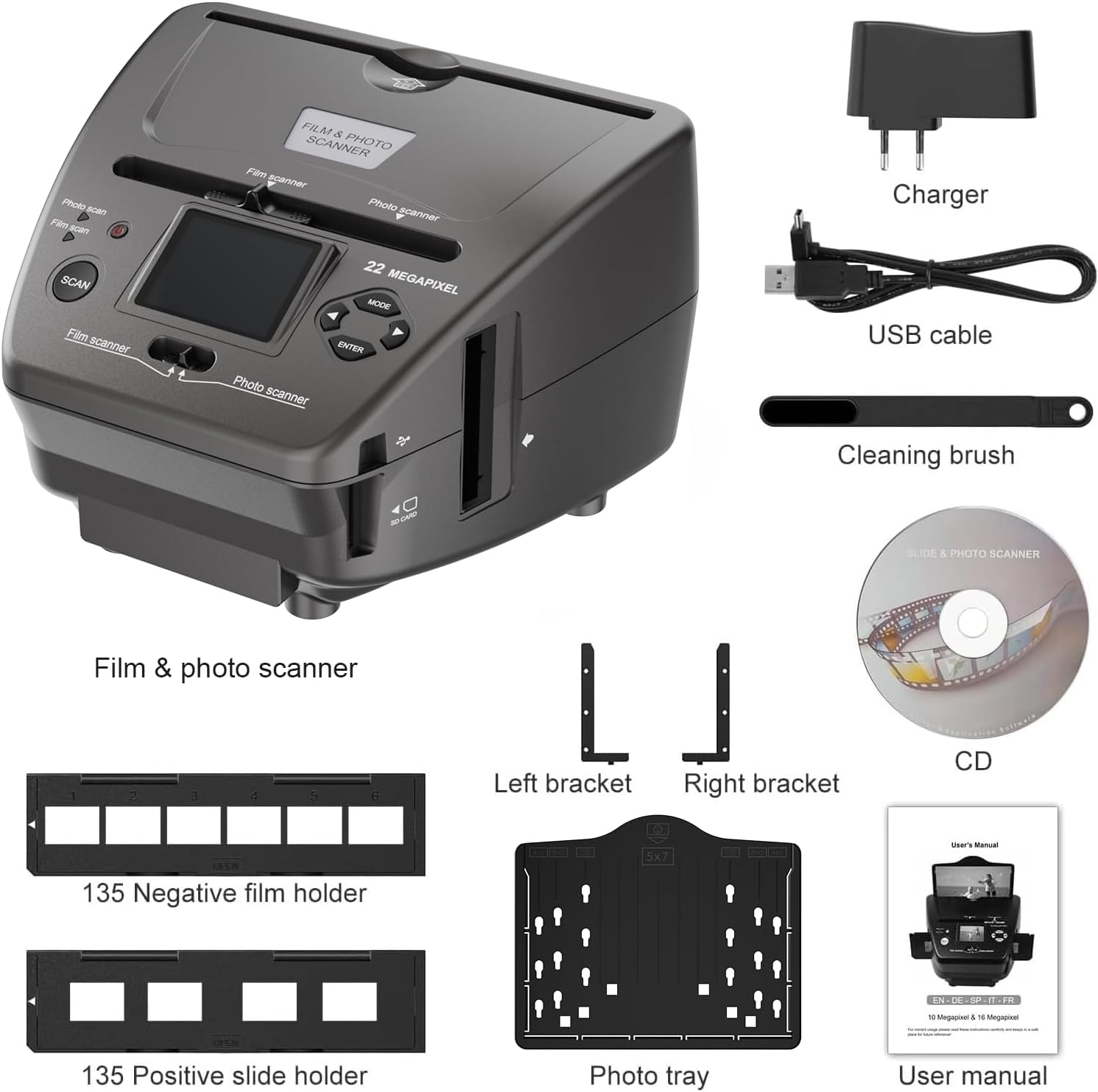 Photo and Slide Scanner with 2.4” LCD Screen, Convert Negatives & Slides 35mm/135 Film, Photo(3R,4R,5R), Business Card to High Resolution 22MP JPEG Digital Photos, 4GB SD Card Included-grey