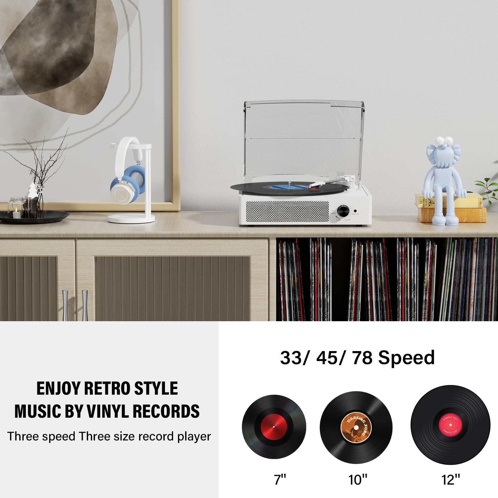 Vinyl Record Player with 2 Stereo Speakers Belt-Driven Vintage Turntables 3 Speed 3 Size Wireless Bluetooth Playback AUX-in RCA Out Headphone LP Vinyl Players Auto Stop Fashion White