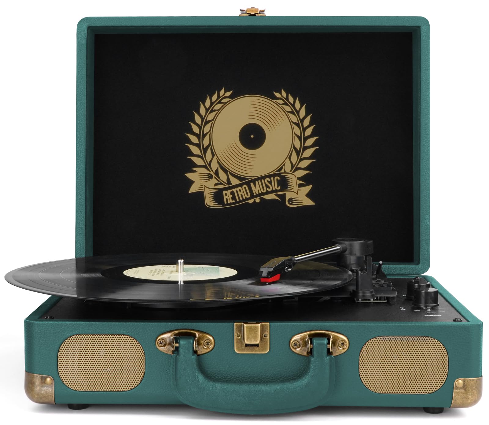 Vinyl Record Player Bluetooth Turntable 3-Speed Suitcase Portable Vintage Belt-Driven Record Player with Built-in Speakers RCA Line Out AUX in Headphone Jack Hunter Green