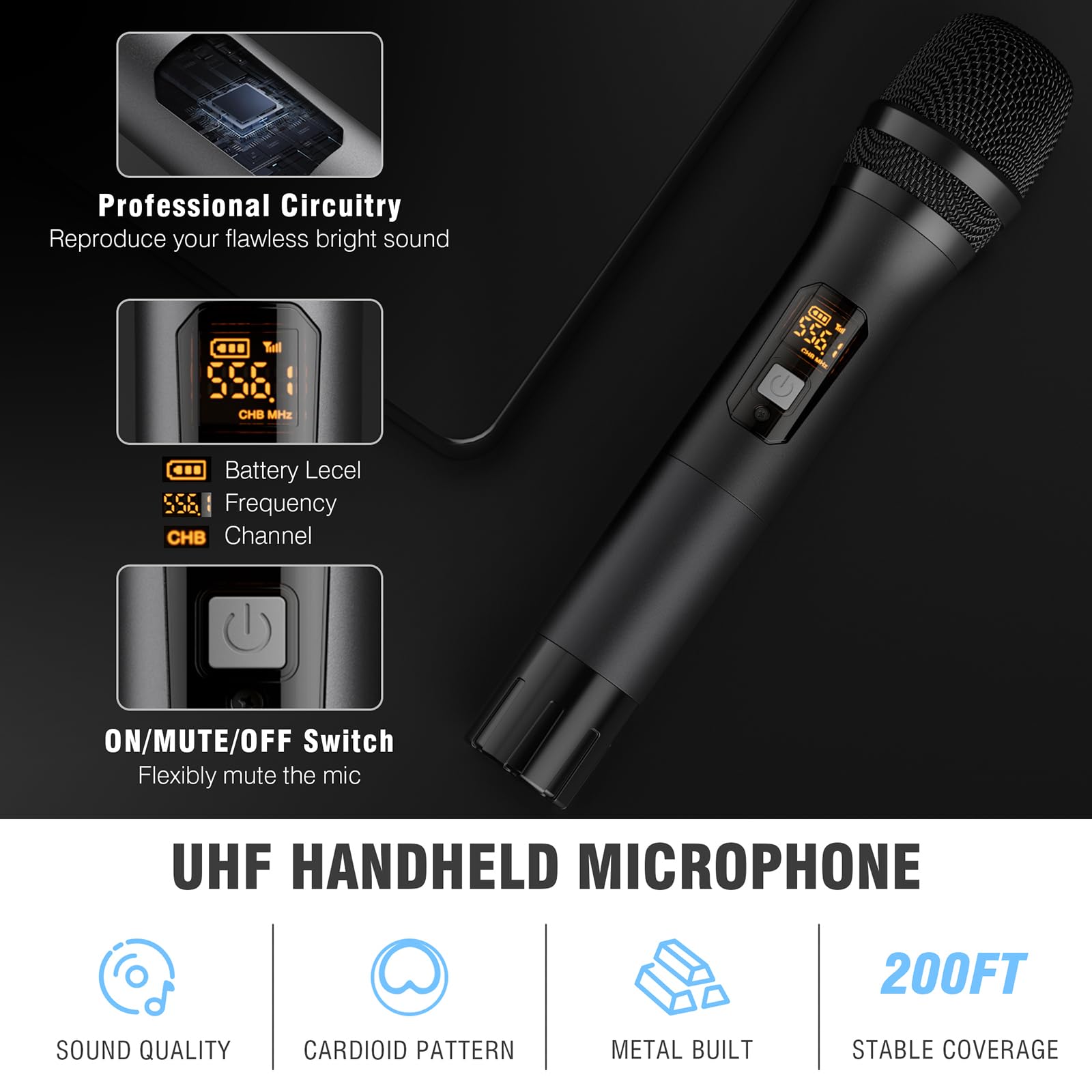 Professional Metal Dual UHF Cordless Dynamic Mic Handheld Microphone System (200ft)