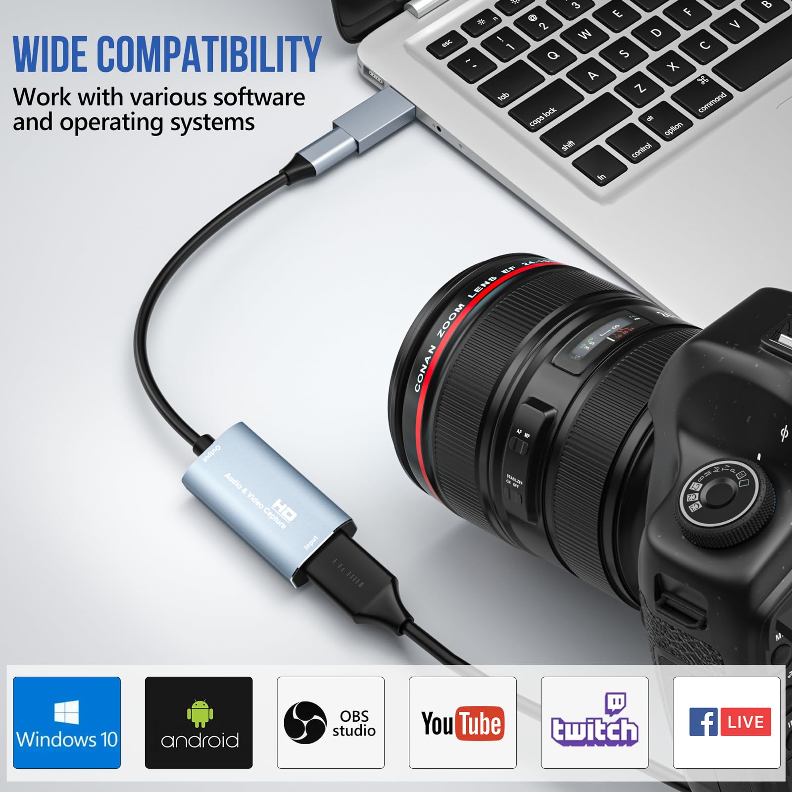 USB3.0 HDMI to USB C, 4K 1080p60fps Video/Audio Capture with Type-C Adapter Devices