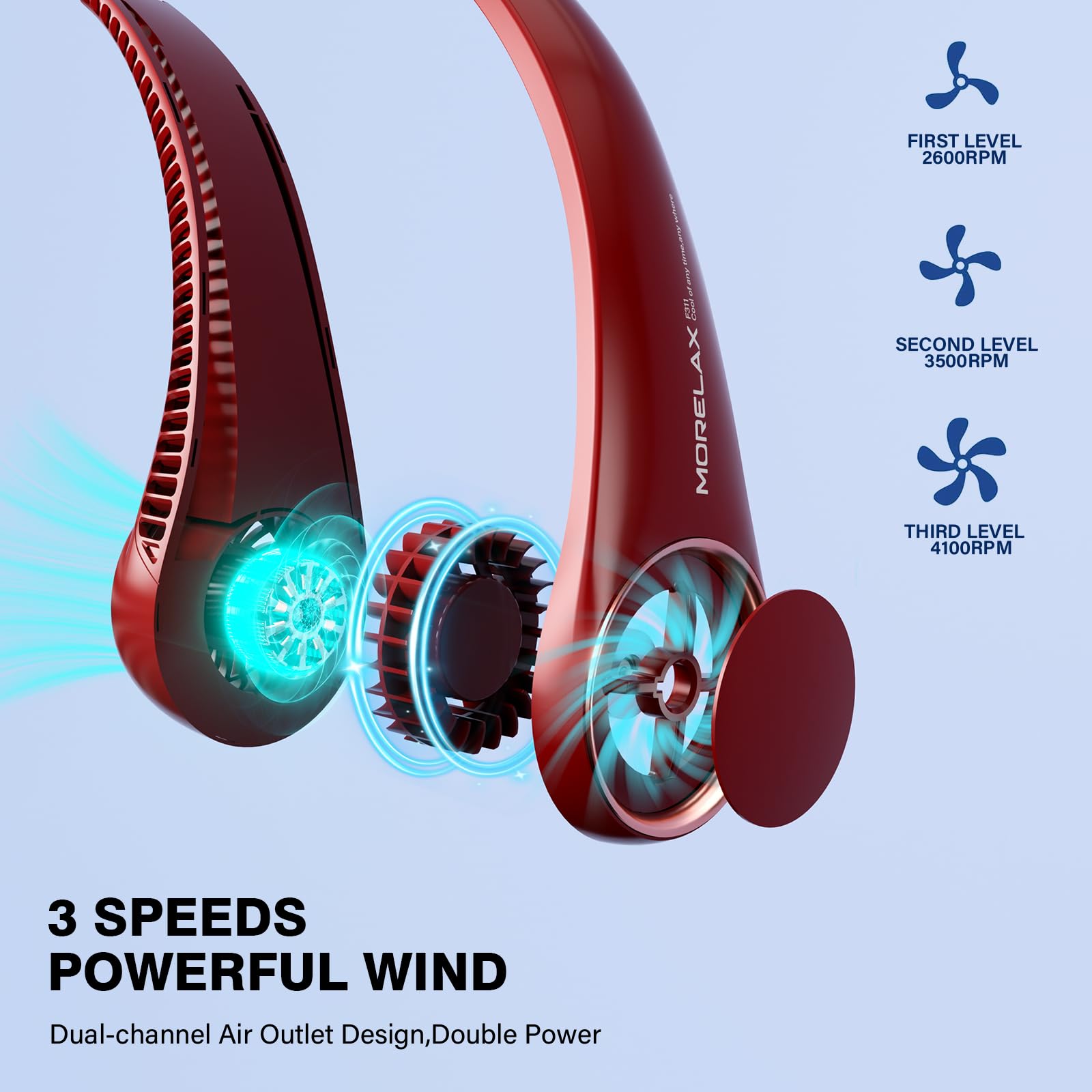 Morelax Neck Fan, USB Rechargeable Personal Fan,Hand Free Bladeless Portable Fans,4000 mAh, 3 Speeds,72 Air Faster softer 360° Cooling, Gift Suitable for Home, Office, Travel, Sports Red