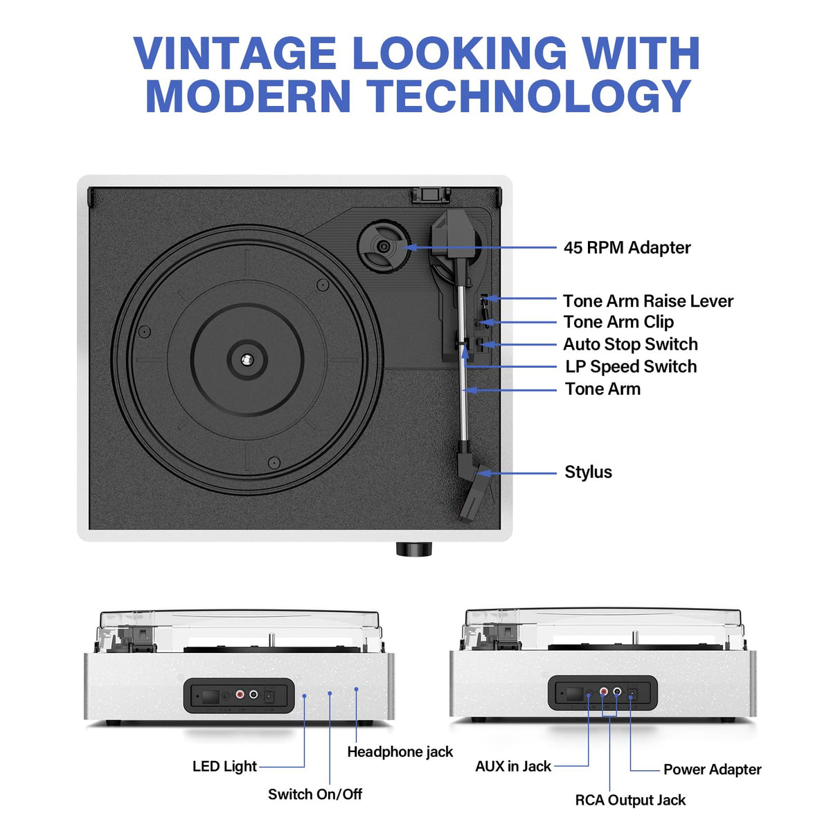 Vinyl Record Player with 2 Stereo Speakers Belt-Driven Vintage Turntables 3 Speed 3 Size Wireless Bluetooth Playback AUX-in RCA Out Headphone LP Vinyl Players Auto Stop Pale Silver