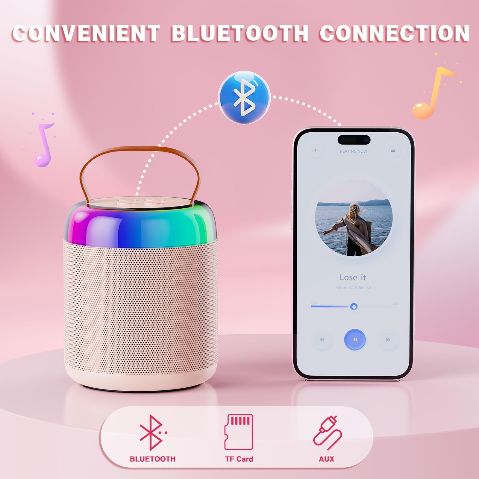 Wireless Portable Bluetooth Karaoke Machine for  Kids Adults（Pink)