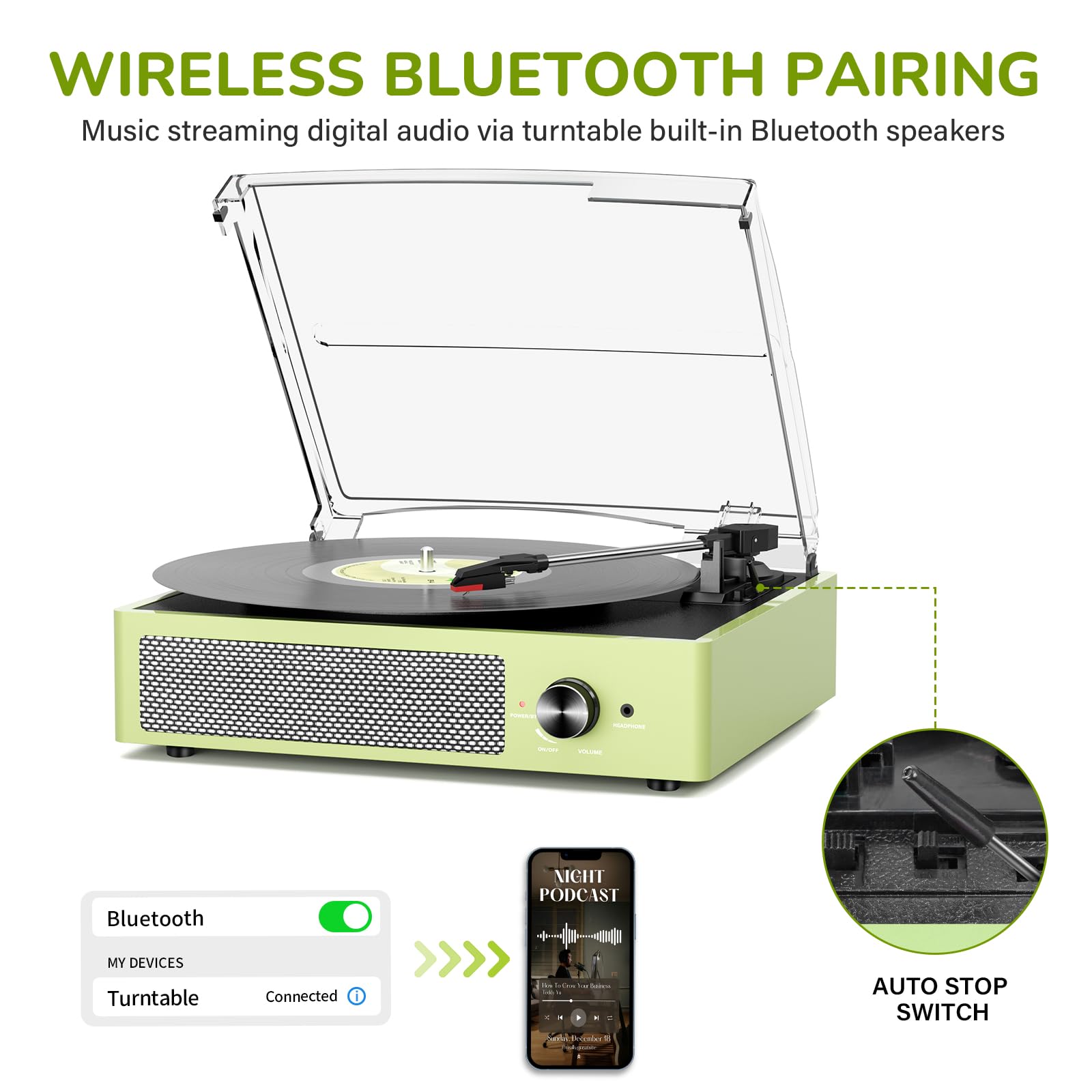 Vinyl Record Player with 2 Stereo Speakers Belt-Driven Vintage Turntables 3 Speed 3 Size Wireless Bluetooth Playback AUX-in RCA Out Headphone LP Vinyl Players Auto Stop Light Green