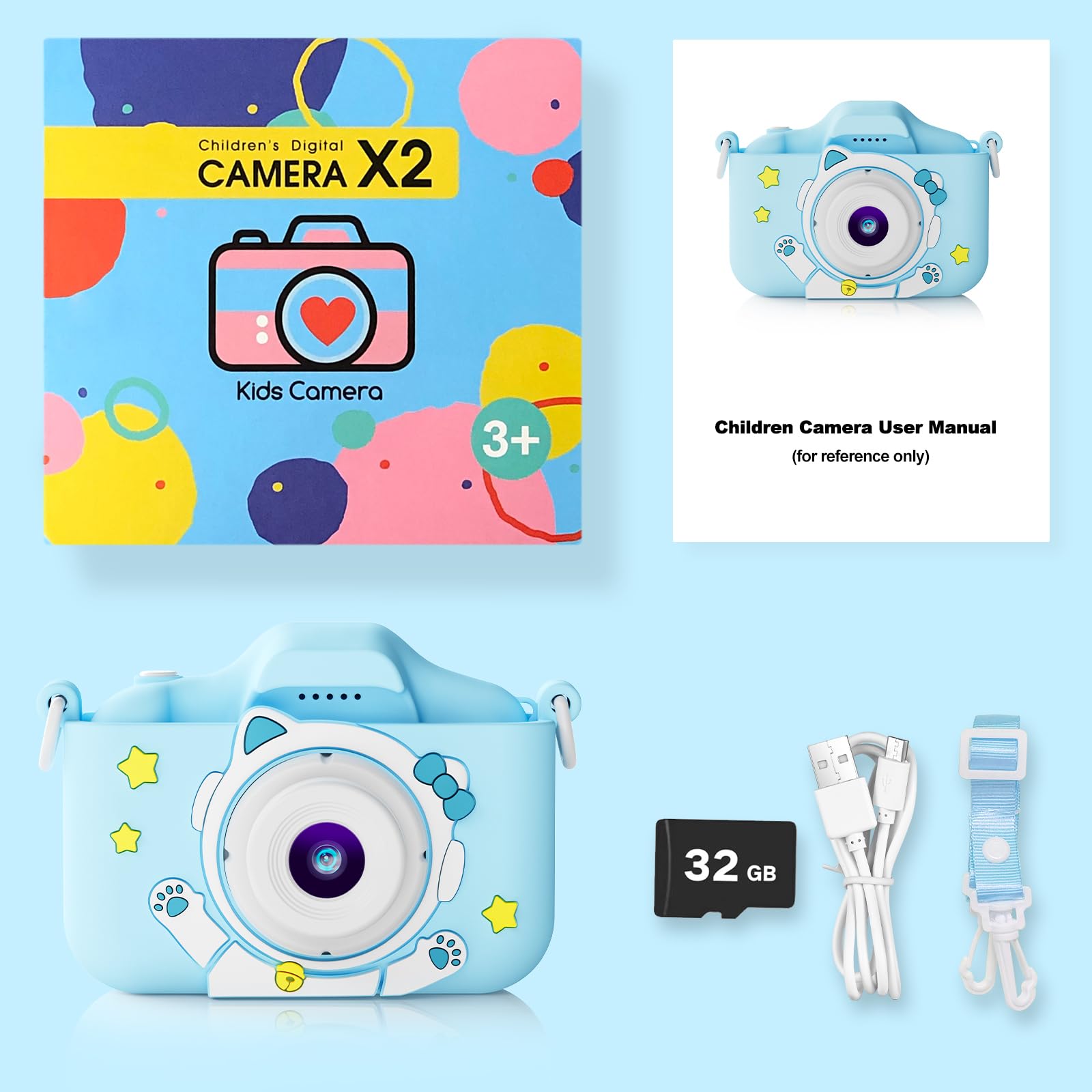 1080P HD 2.0 Inch Screen Kids Digital Camera with 32GB Card(blue)