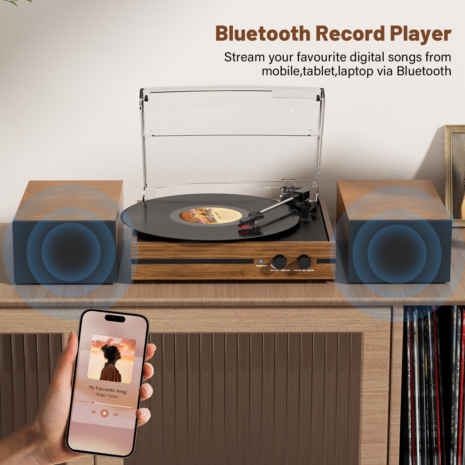 Retro Vinyl Record Player Bluetooth Desktop Phonograph Belt-Drive Turntable with External Speakers,Dual Stereo Speakers LP Players AUX Headphone Input RCA Out, 3 Speeds 3 Sizes Wood Brown