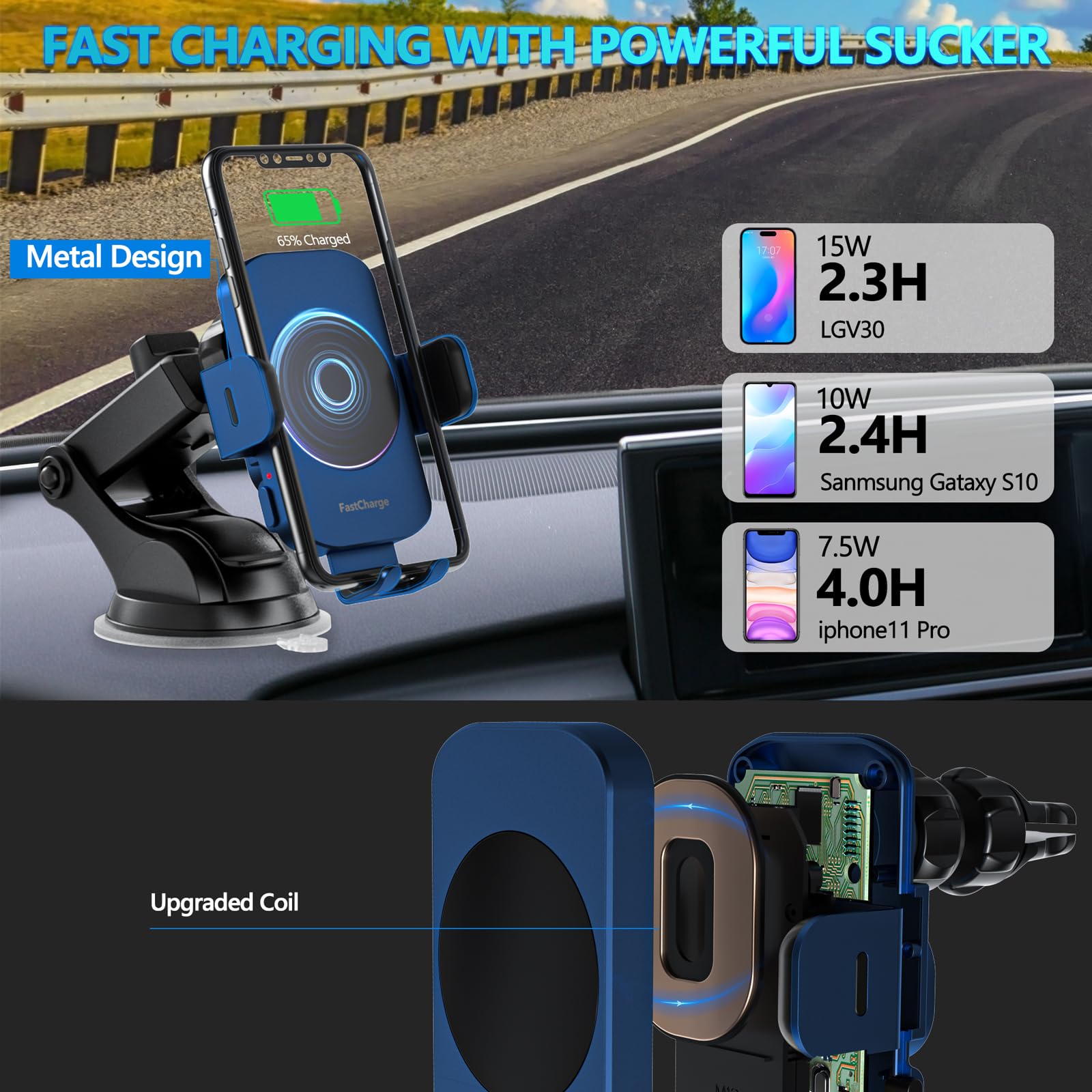 Wireless Car Charger,Fast Charging 15W Auto Clamping Car Charger(Blue)