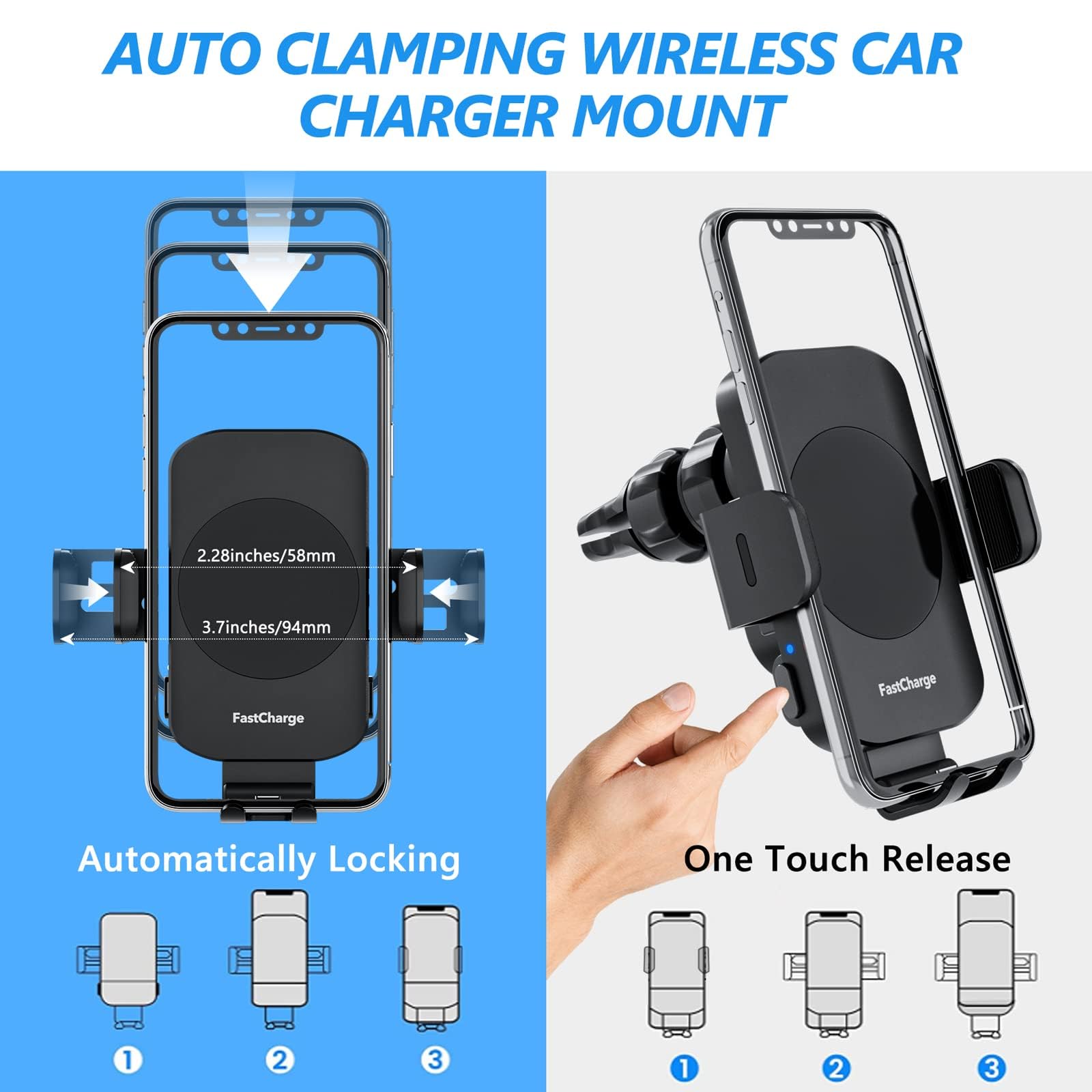 Wireless Car Charger, Fast Charging 15W Auto Clamping Car Charger Phone Holder Phone Mount for iPhone15 14 13 12 11 Pro Max Xs, Samsung Galaxy S23 Ultra S22 S21 S20 S10+ Note 9, etc