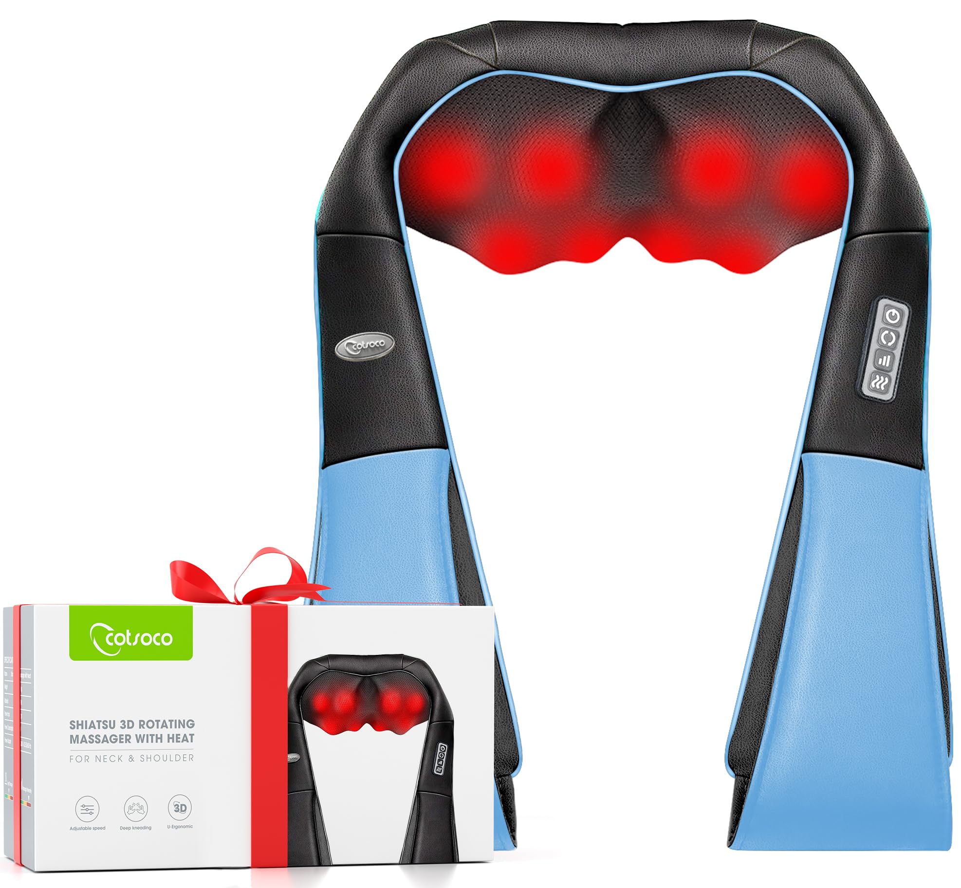cotsoco Neck Massager, Shiatsu Neck and Back Massager with Heat for Pain Relief, Deep Tissue 3D Kneading Massage Pillow, Relaxation Gifts for Men and Women, Gifts for Dad, Elderly,Wife (Azure)