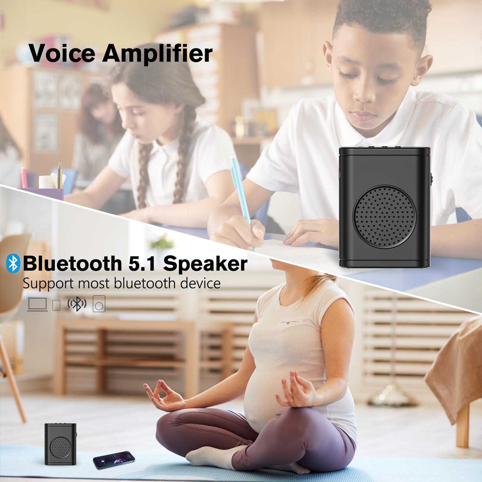 Wireless Voice Amplifier with Wireless Lavalier Microphone, Bluetooth Speaker, PA System, Support USB/TF/SD Card, Cordless Omnidirectional Mic for Teacher, Streaming, Classroom, Speech, Meeting, Yoga