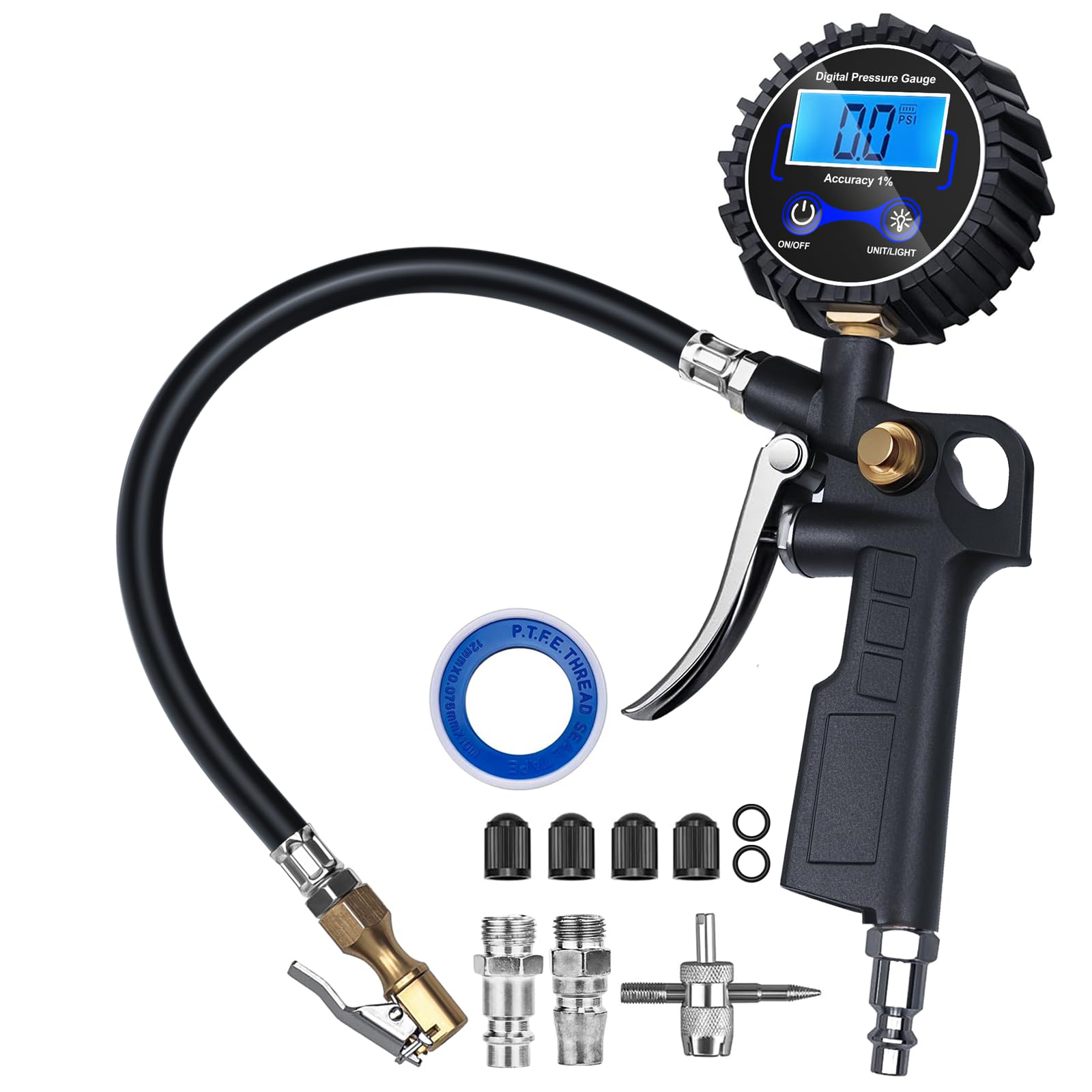 DigitPro Digital Tire Pressure Gauge with Inflator, Air Compressor Accessories with Air Chuck Quick Connect Coupler, Car Attachments with Rubber Hose for Car, Truck, SUV, Cycle, RV, 250 PSI