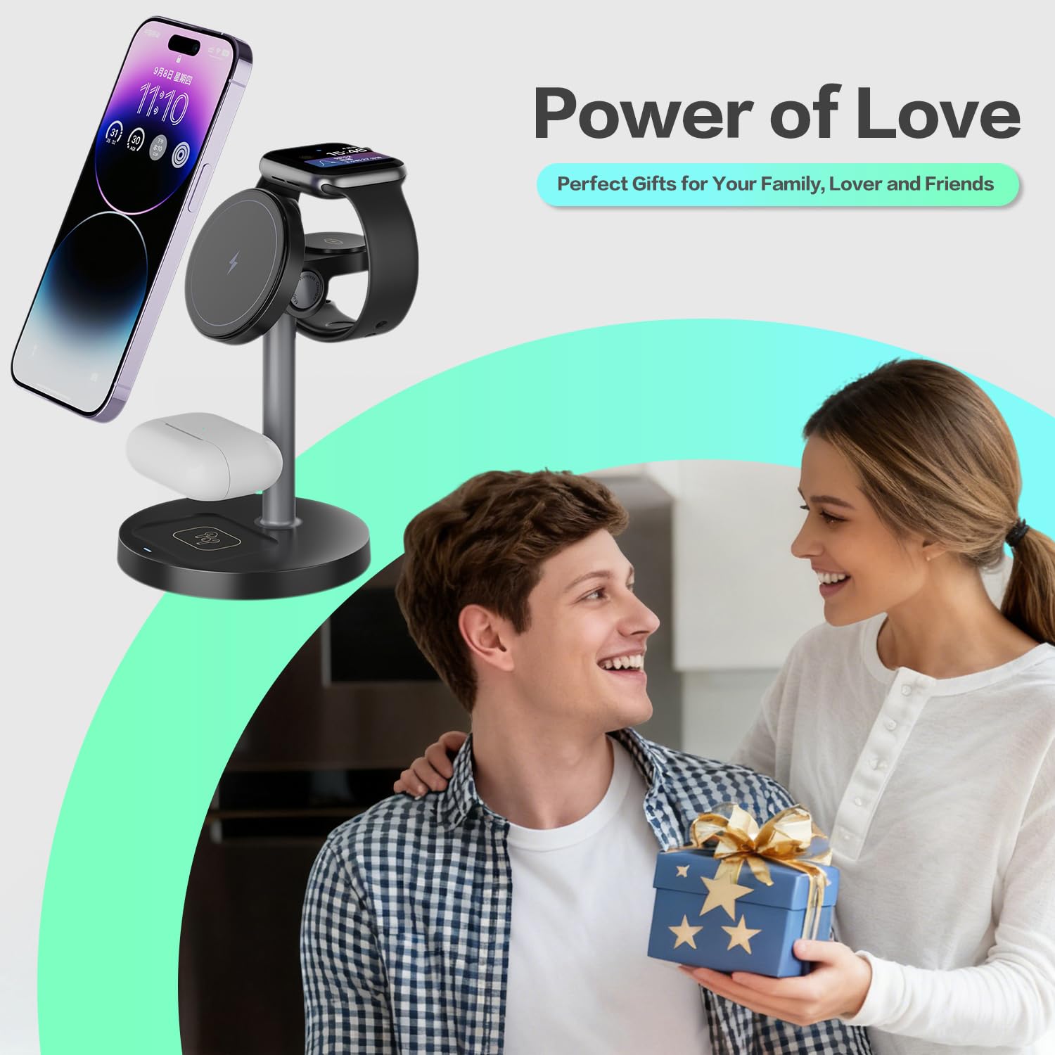 3 in 1 Wireless Charging Station Compatible with MagSafe, 15W Fast Charging Magnetic Mag-Safe Charger Stand for Apple iPhone 17 16 15 14 13 12Series Apple Watch AirPods Pro 4 3 2, Gifts for Men Women