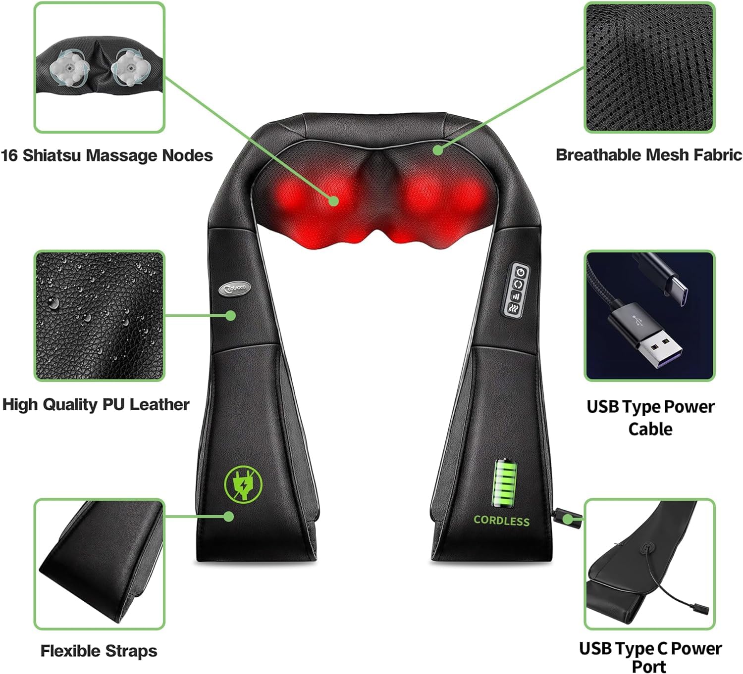 Cordless Shiatsu Neck and Shoulder Massager with Heat-3D Deep Tissue Kneading