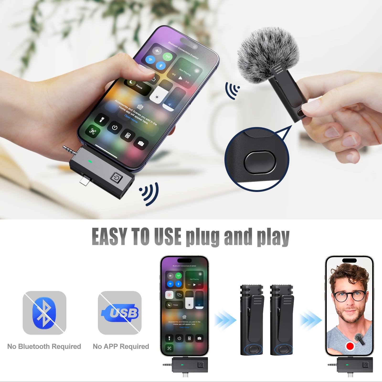 3 in 1 Wireless Microphone,Mini Lavalier Lapel Mic, USB-C Microphone