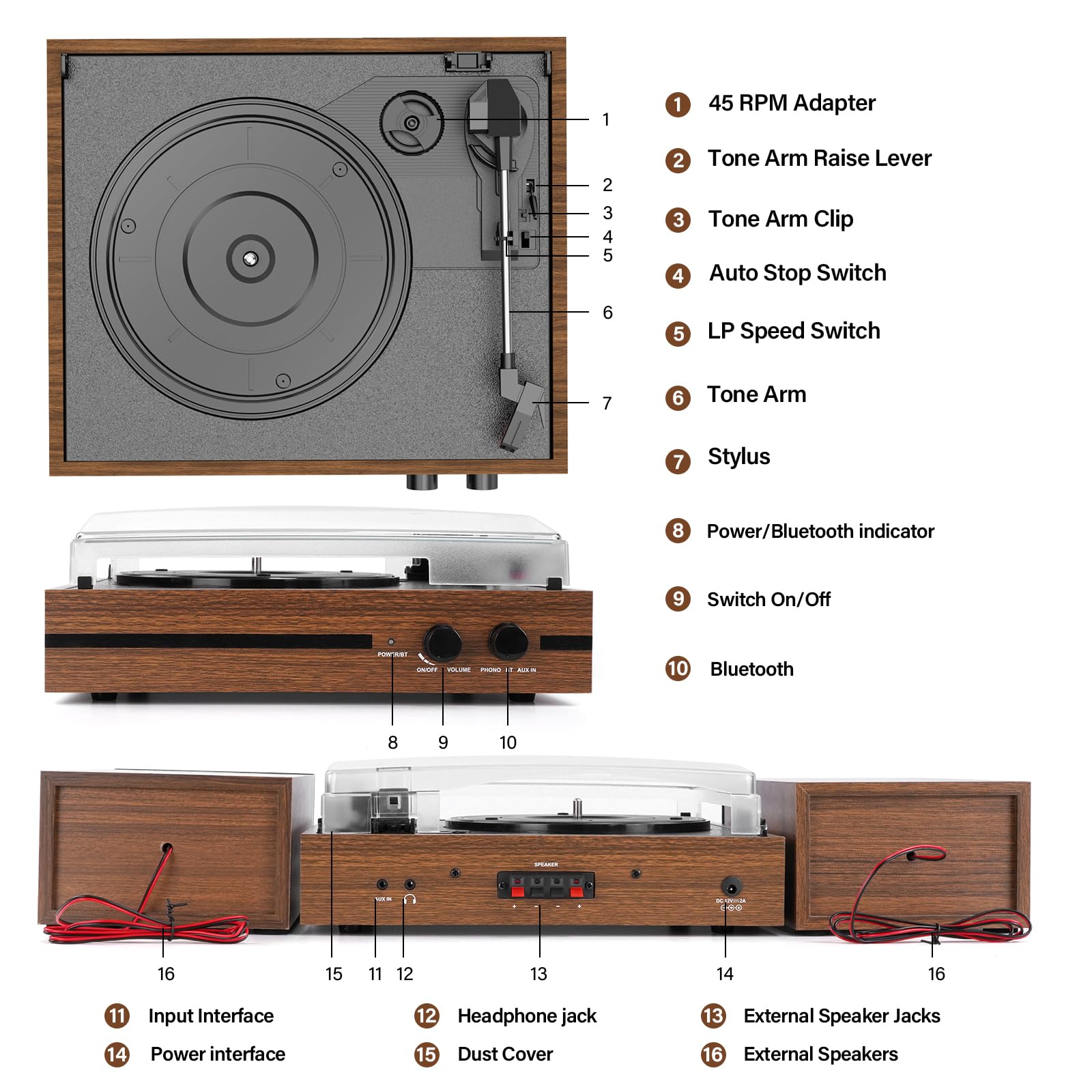 Retro Vinyl Record Player Bluetooth Desktop Phonograph Belt-Drive Turntable with External Speakers,Dual Stereo Speakers LP Players AUX Headphone Input RCA Out, 3 Speeds 3 Sizes Wood Brown