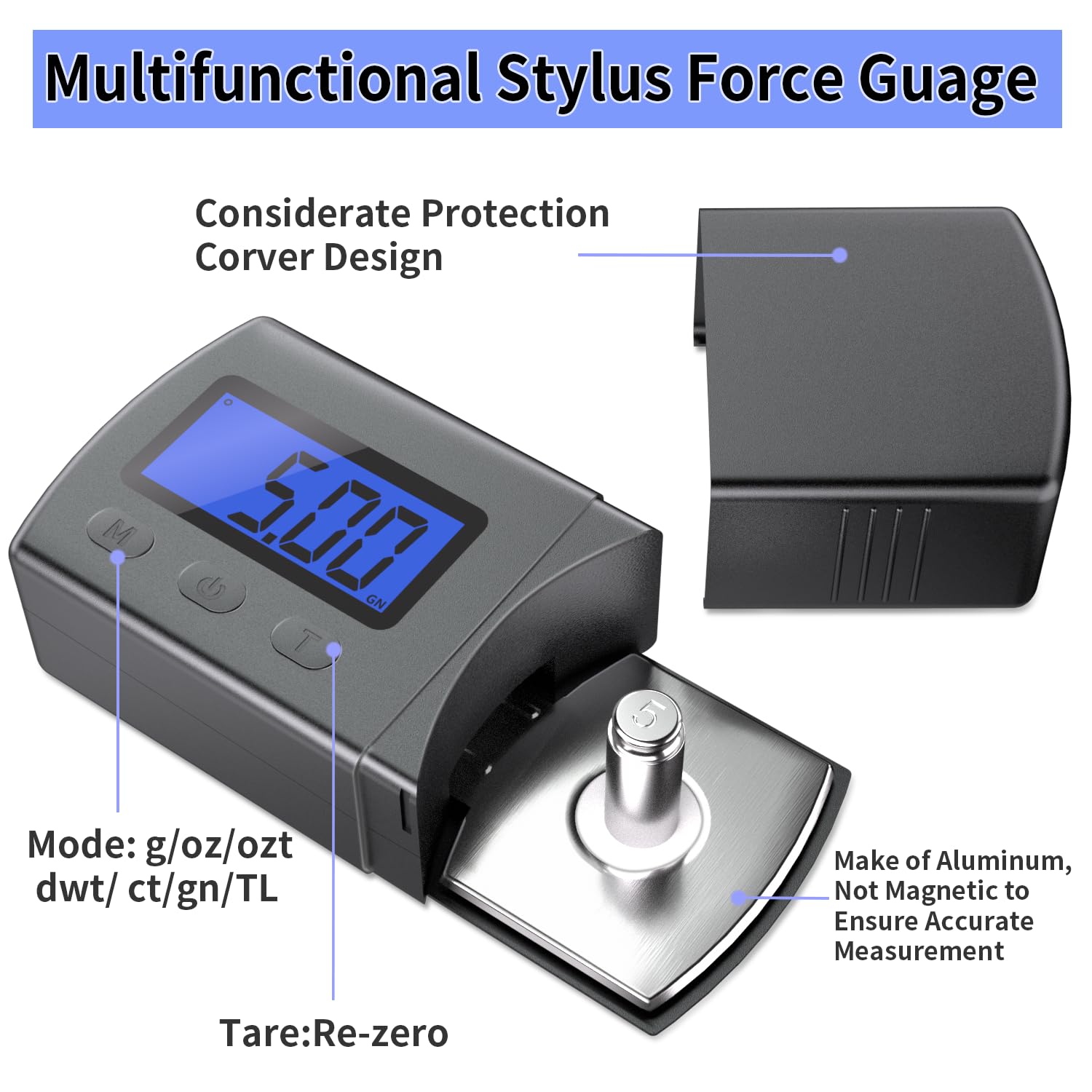 DIGITNOW Digital Turntable Stylus Force Scale Gauge 0.01g/5.00g,Tracking Force Pressure Scale for Tonearm Phono Cartridge, Blue LCD Backlight