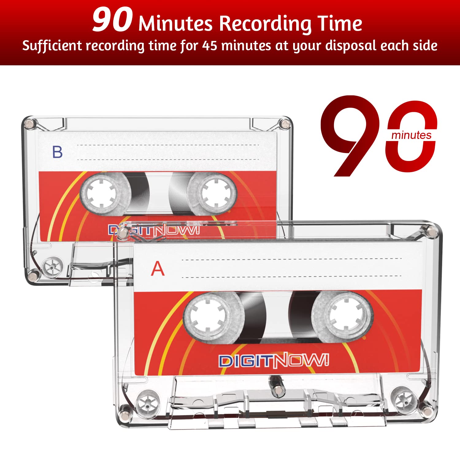 Blank Audio Cassette Tape - 90 Minutes Recording Time - Low Noise and High Output - Dictation, MP3 Recording to Blank Tape - Pack of 5