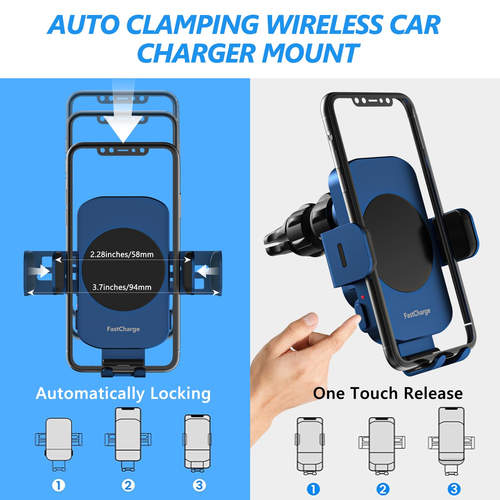 Wireless Car Charger,Fast Charging 15W Auto Clamping Car Charger(Blue)