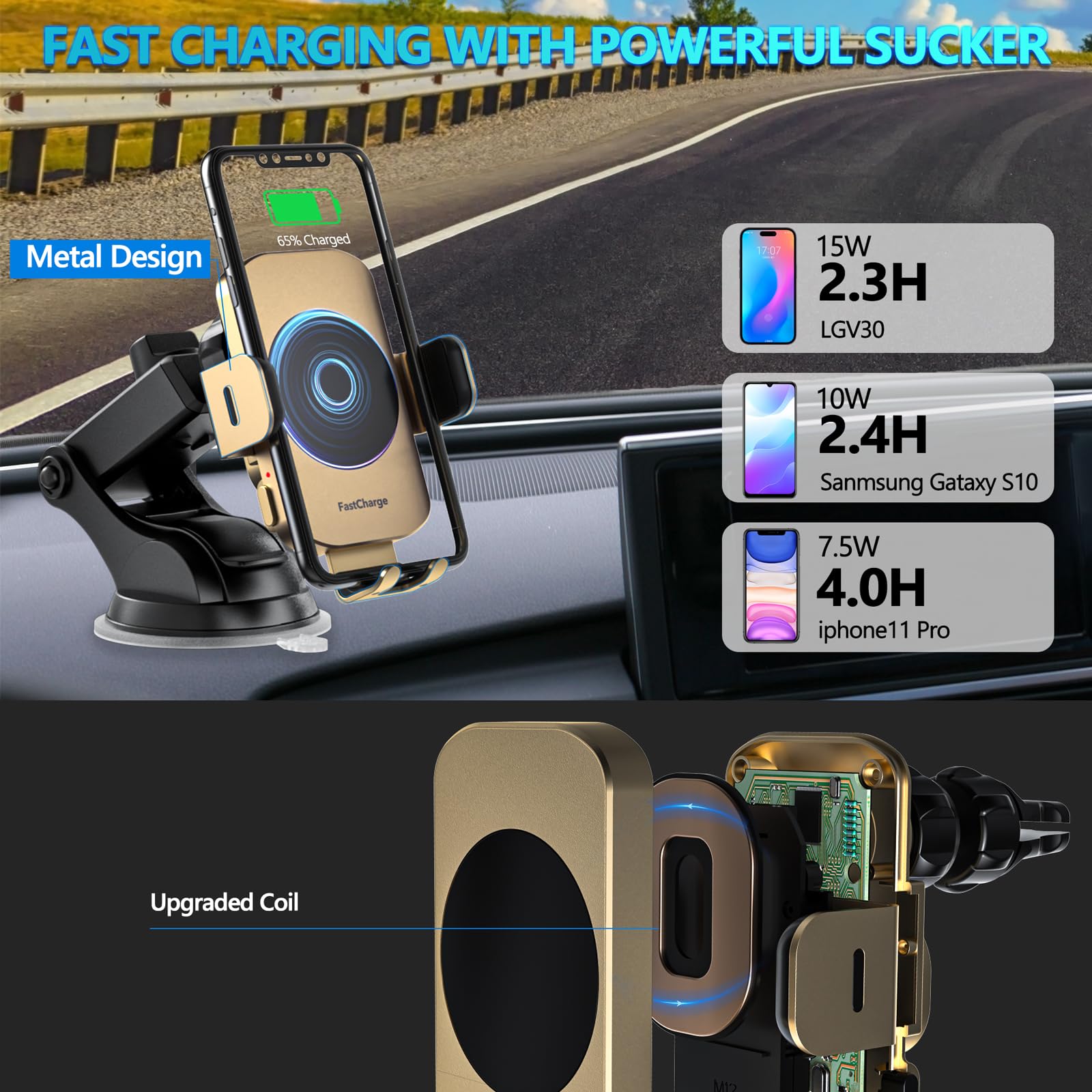 Wireless Car Charger,Fast Charging 15W Auto Clamping Car Charger(Gold)