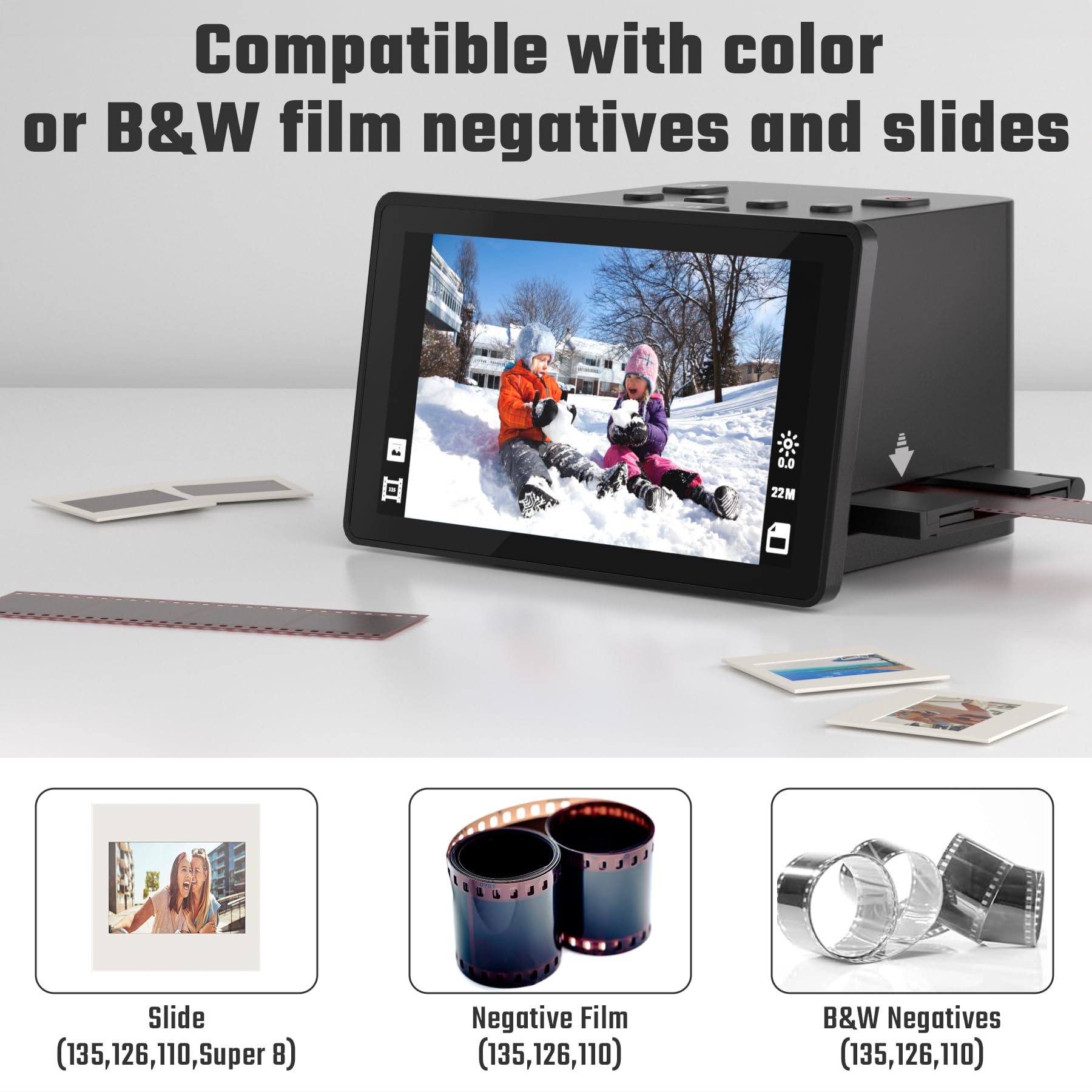 Digital Film & Slide Scanner with 5 Inch LCD Screen, Converts Color & B&W 135/110/126 KPK Negatives & Slides and Super 8 Slides into 22MP JPEG Photos