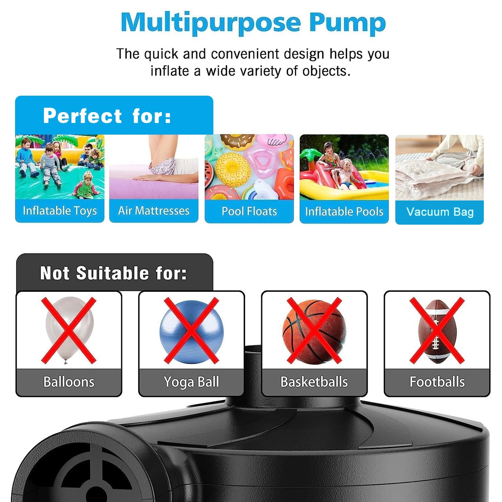 Electric Air Pump for Inflatables,Portable Quick-Fill Air Pump with 3 Nozzles,110-120V, Inflator & Deflator Pumps for Outdoor Camping, Air Mattress Beds,Boats,Inflatable Cushion,Couch,Pool Floats