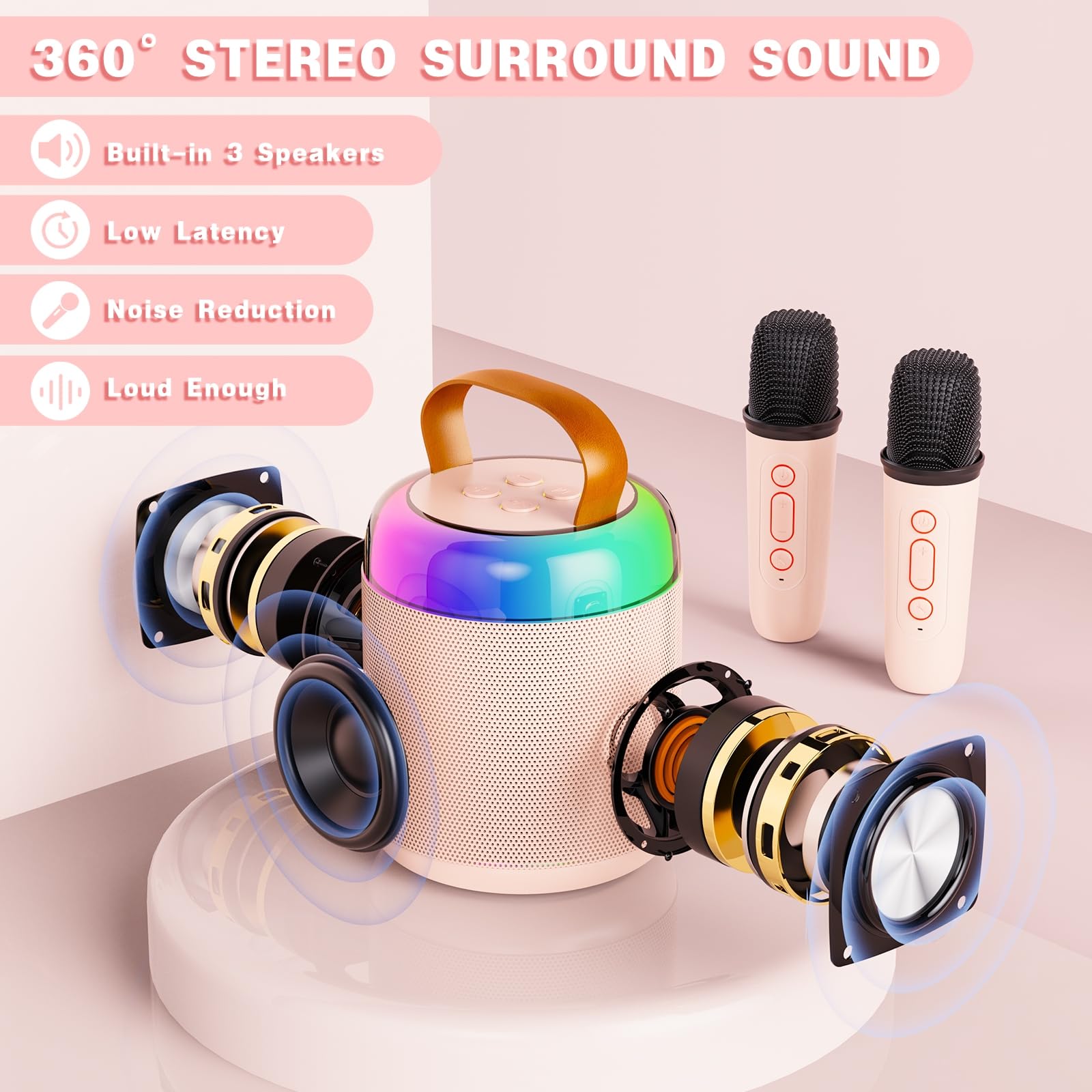 Wireless Portable Bluetooth Karaoke Machine for  Kids Adults（Pink)