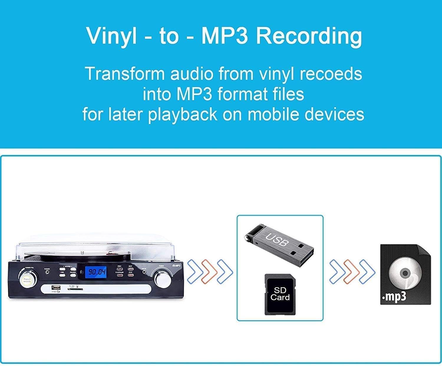 Bluetooth Record Player with Speakers,Support Cassette Play, AM/FM Radio, Remote Control