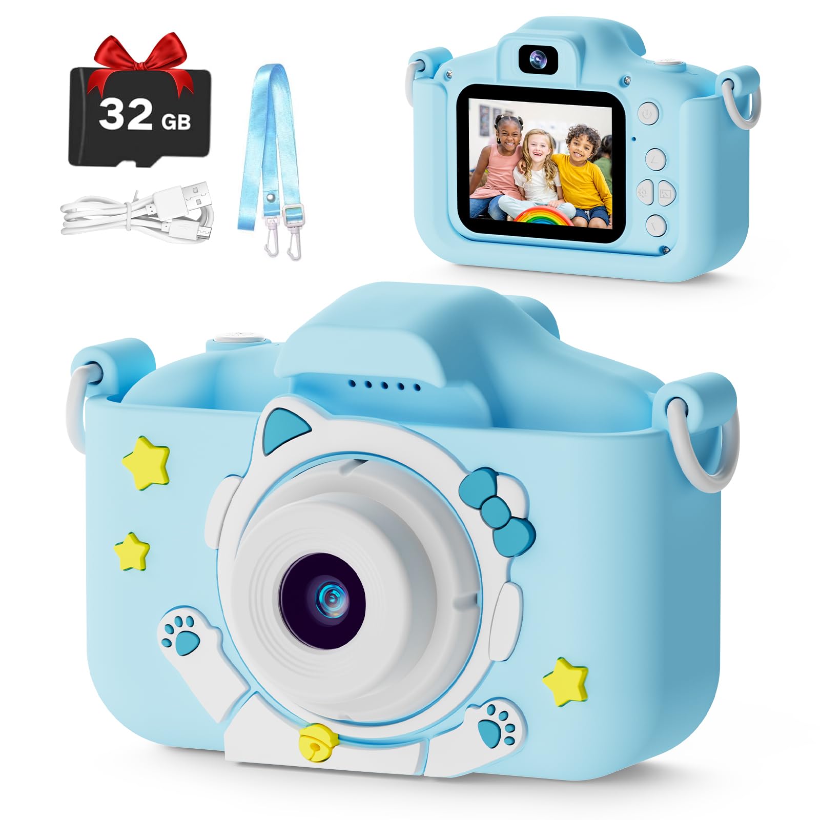 1080P HD 2.0 Inch Screen Kids Digital Camera with 32GB Card(blue)