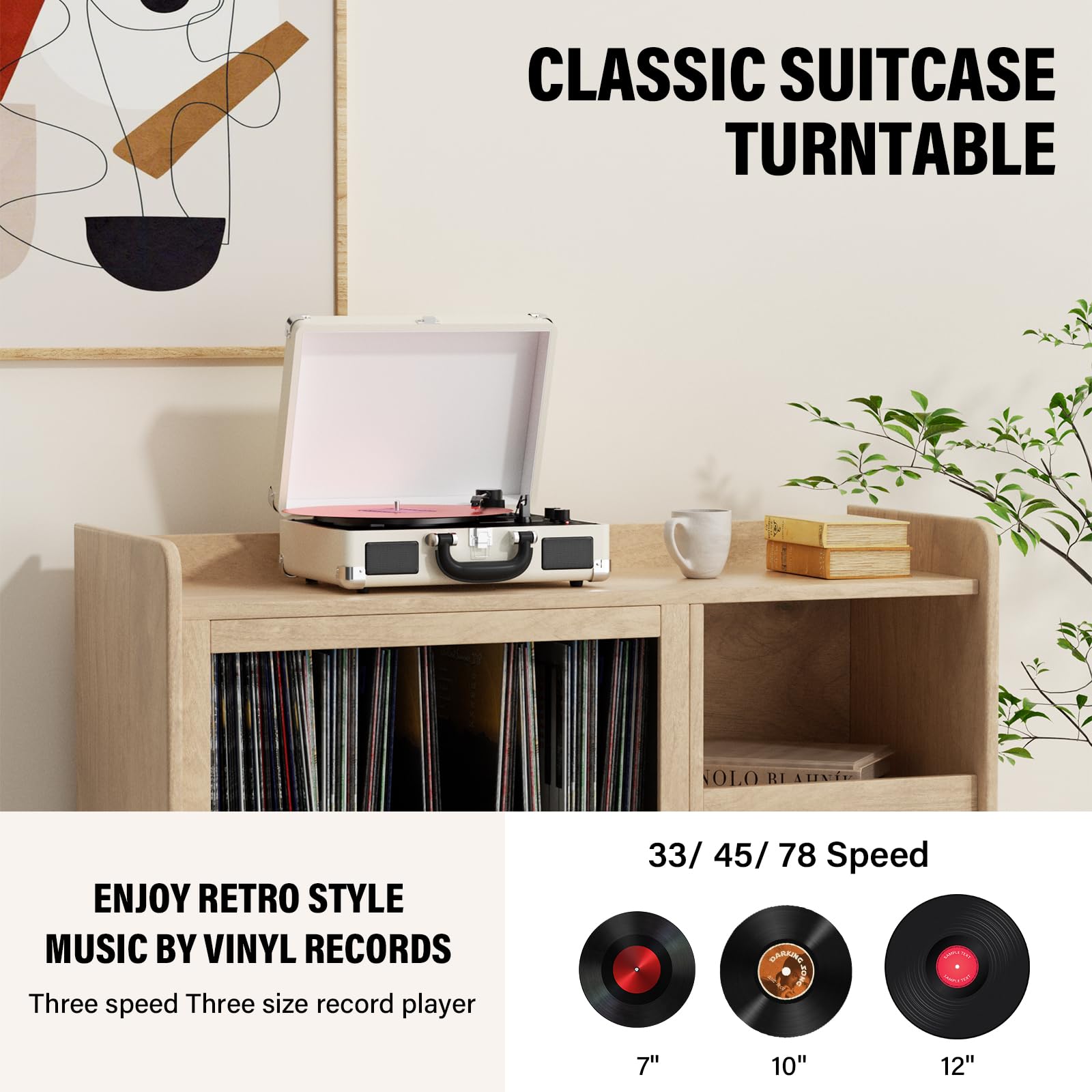 Vinyl Record Player Bluetooth 3-Speed Portable Vintage Suitcase with Built-in Speakers, RCA Line Out AUX in Headphone Jack Vintage Turntable, White