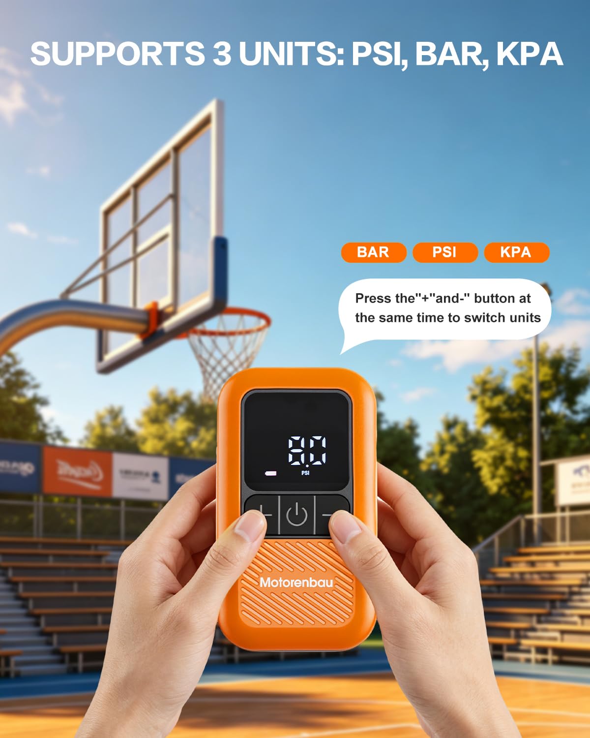 Motorenbau Electric Ball Pump for Sports Balls with LCD Display & LED Light-orange