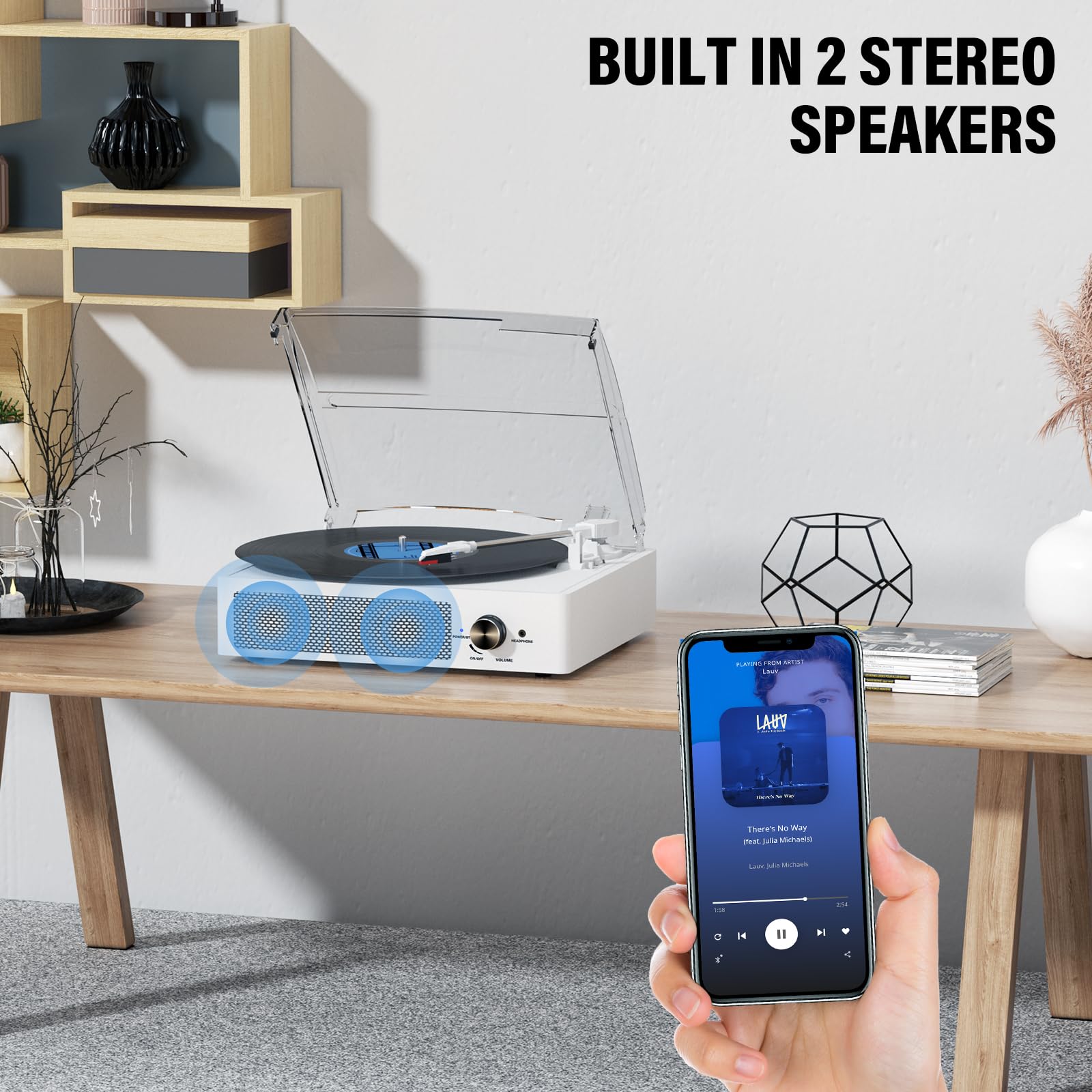 Vinyl Record Player with 2 Stereo Speakers Belt-Driven Vintage Turntables 3 Speed 3 Size Wireless Bluetooth Playback AUX-in RCA Out Headphone LP Vinyl Players Auto Stop Fashion White