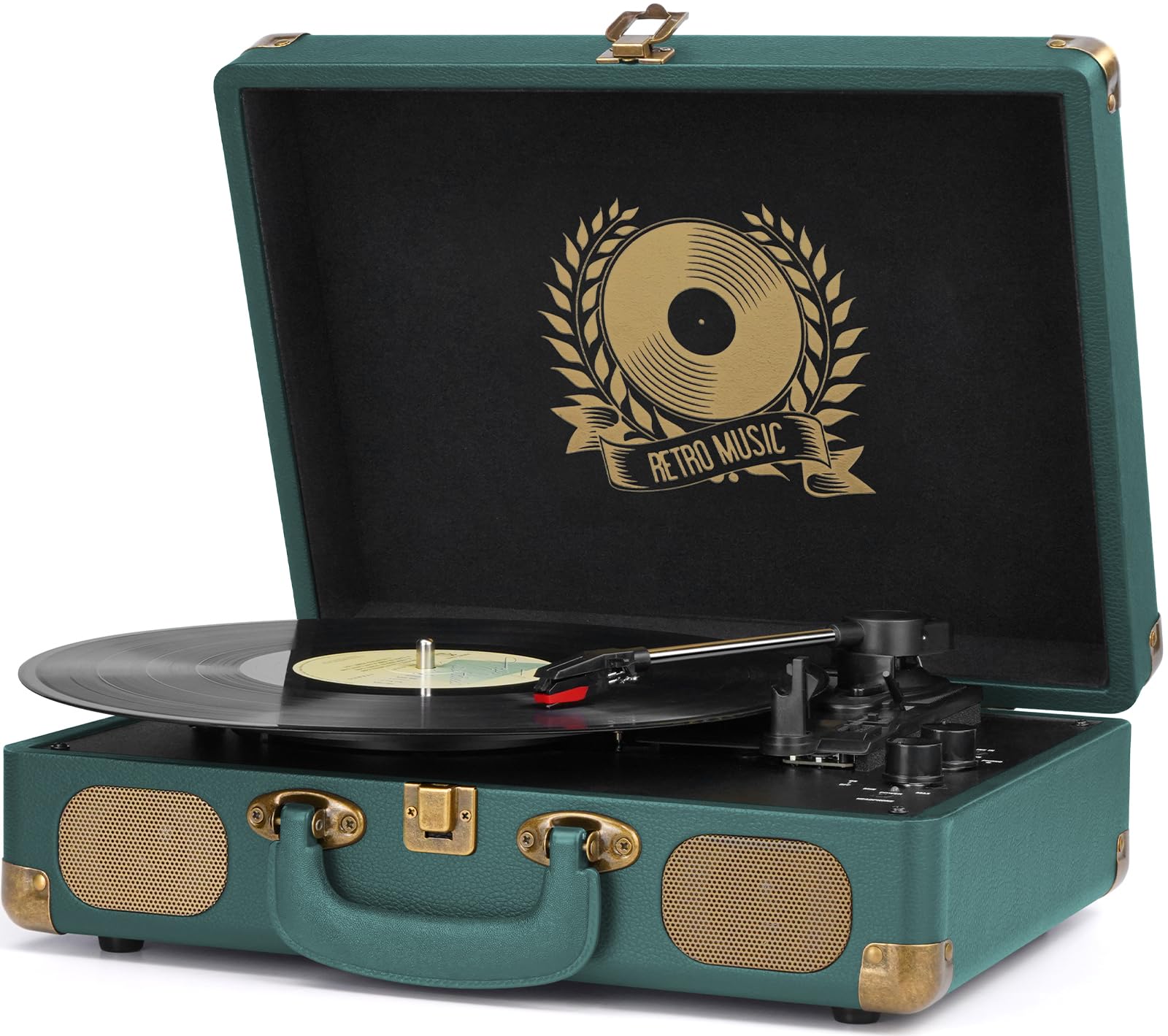 Vinyl Record Player Bluetooth Turntable 3-Speed Suitcase Portable Vintage Belt-Driven Record Player with Built-in Speakers RCA Line Out AUX in Headphone Jack Hunter Green