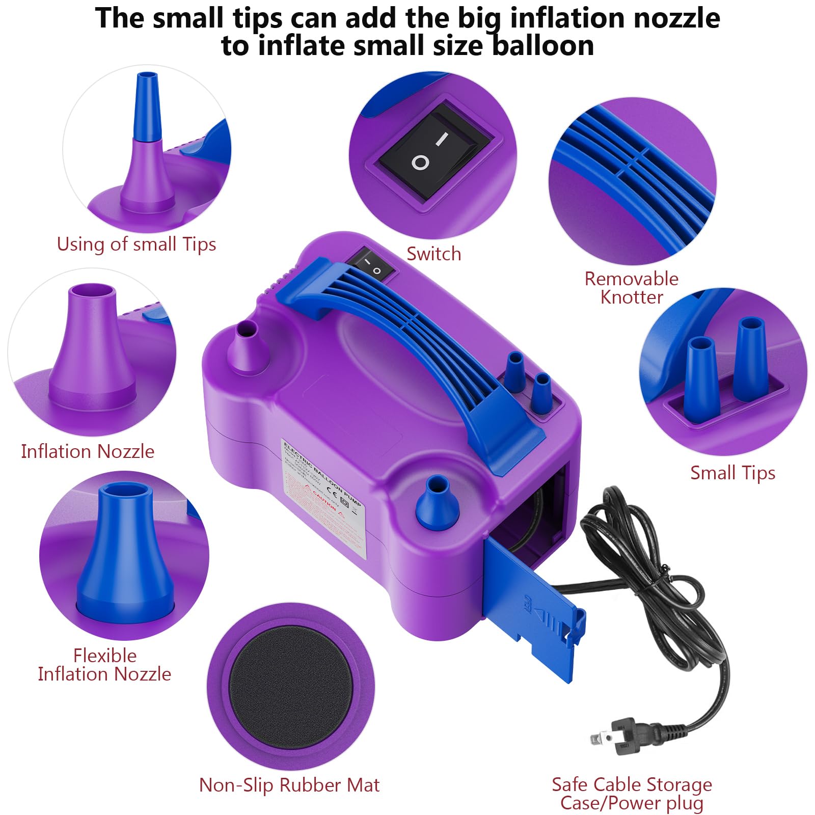 Electric Balloon Pump, Dual Nozzle Balloon Air Inflator -Purple