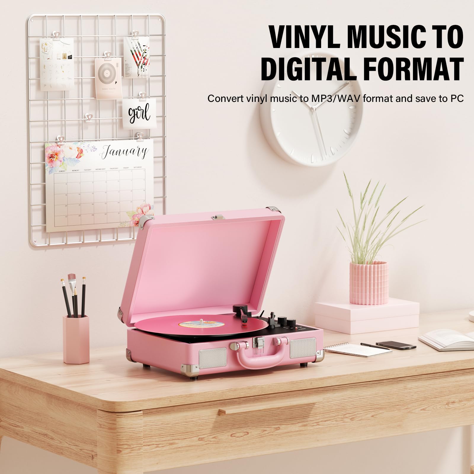 Vinyl Record Player, Bluetooth 3-Speed Portable Vintage Suitcase-pink