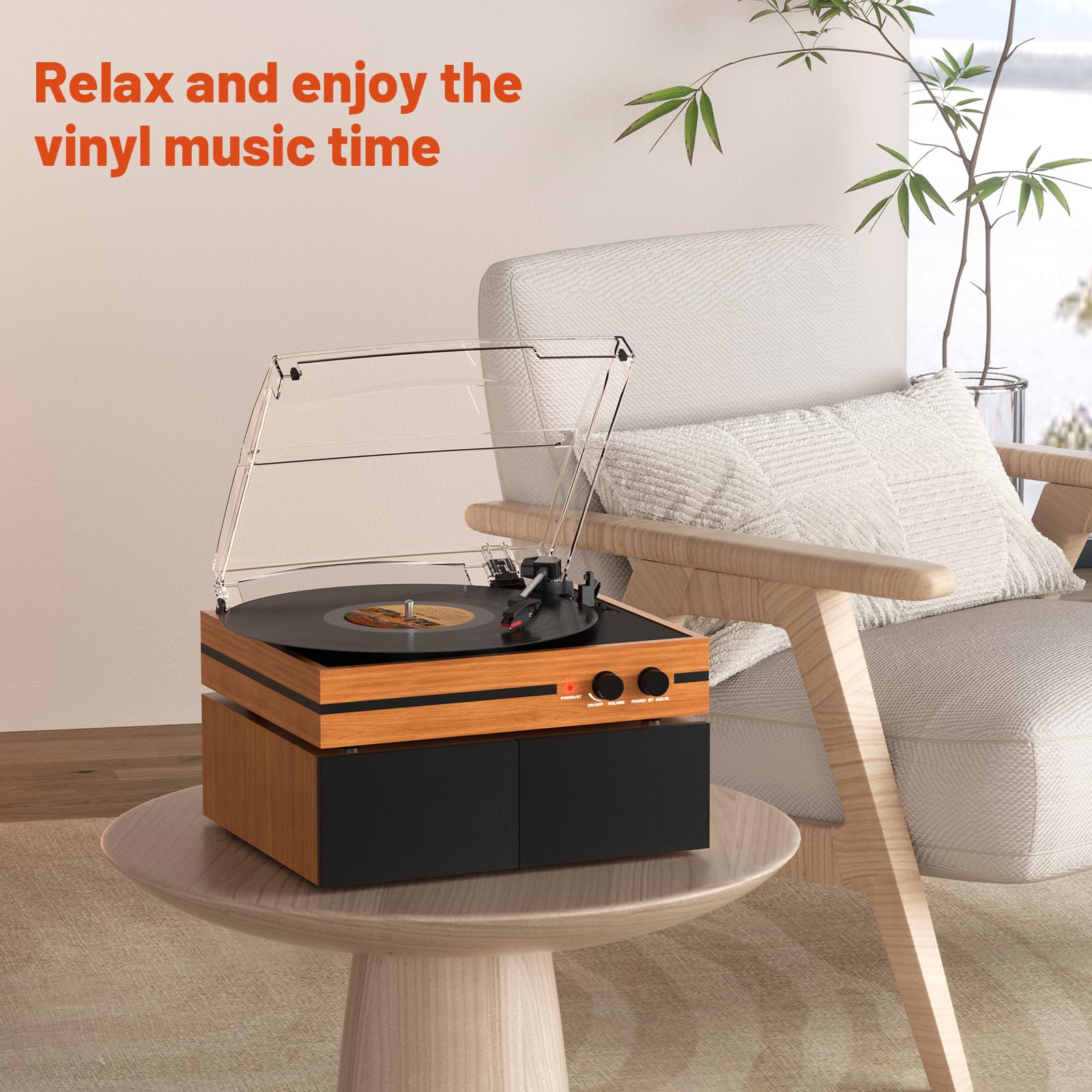 Retro Vinyl Record Player Bluetooth Desktop Phonograph Belt-Drive Turntable with External Speakers,Dual Stereo Speakers LP Players AUX Headphone Input RCA Out, 3 Speeds 3 Sizes Wood Orange