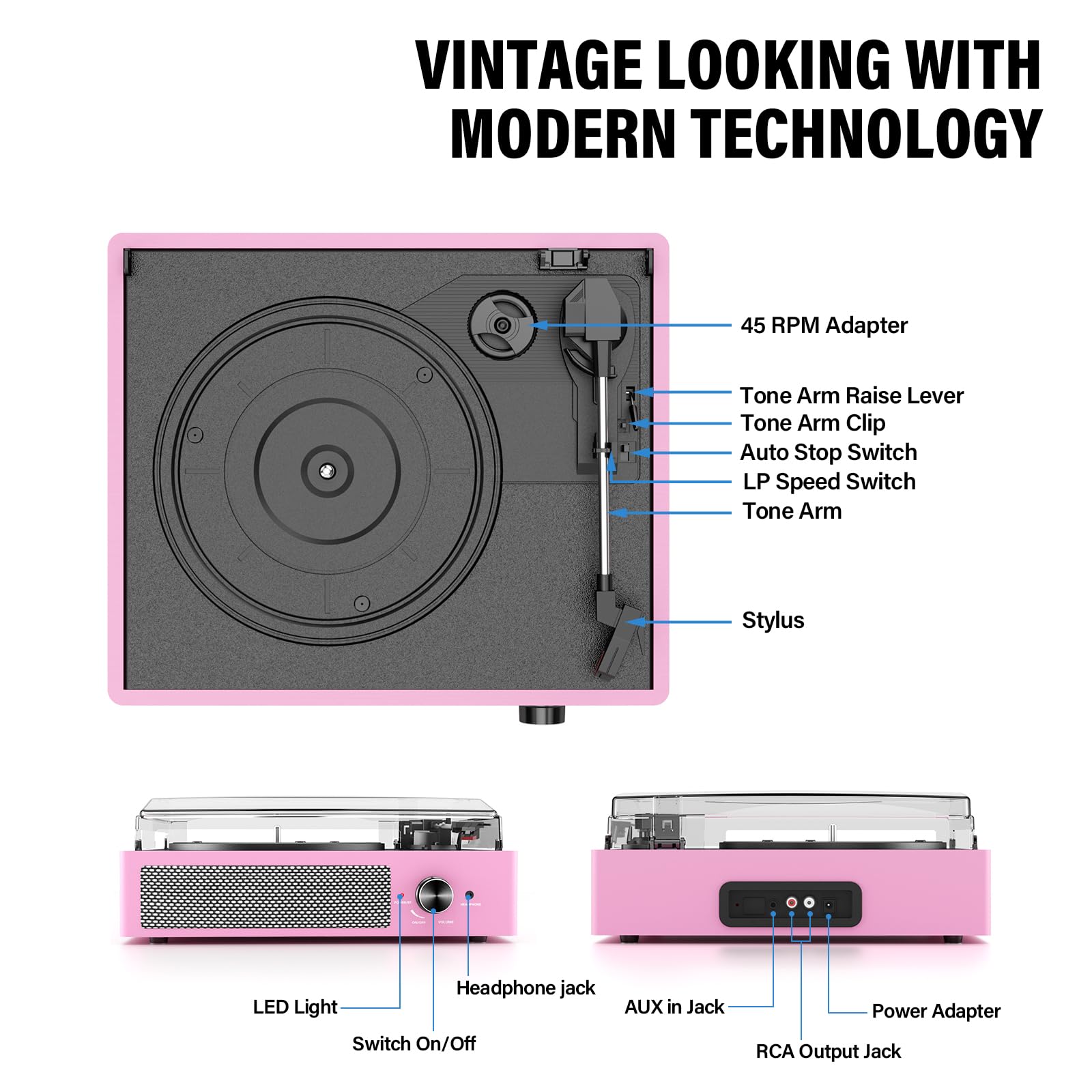 Vinyl Record Player with 2 Stereo Speakers Belt-Driven Vintage Turntables 3 Speed 3 Size Wireless Bluetooth Playback AUX-in RCA Out Headphone LP Vinyl Players Auto Stop Pale Pink