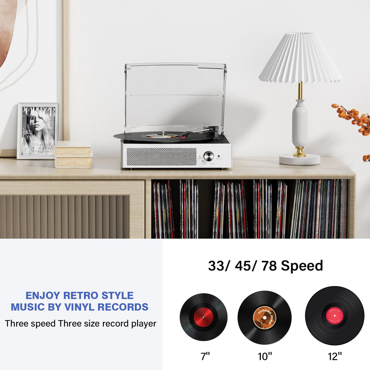 Vinyl Record Player with 2 Stereo Speakers Belt-Driven Vintage Turntables 3 Speed 3 Size Wireless Bluetooth Playback AUX-in RCA Out Headphone LP Vinyl Players Auto Stop Pale Silver