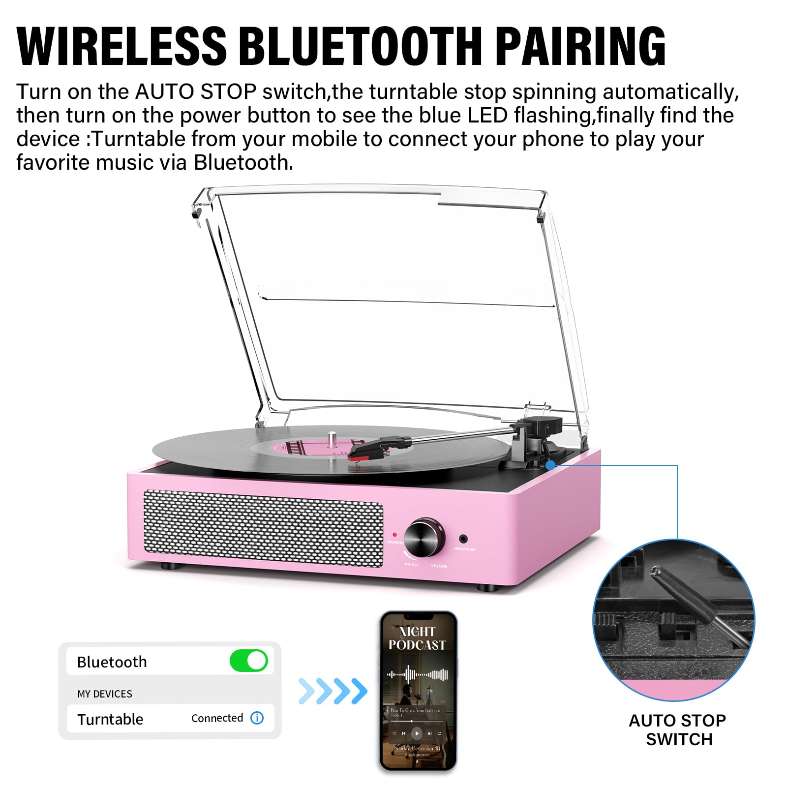 Vinyl Record Player with 2 Stereo Speakers Belt-Driven Vintage Turntables 3 Speed 3 Size Wireless Bluetooth Playback AUX-in RCA Out Headphone LP Vinyl Players Auto Stop Pale Pink