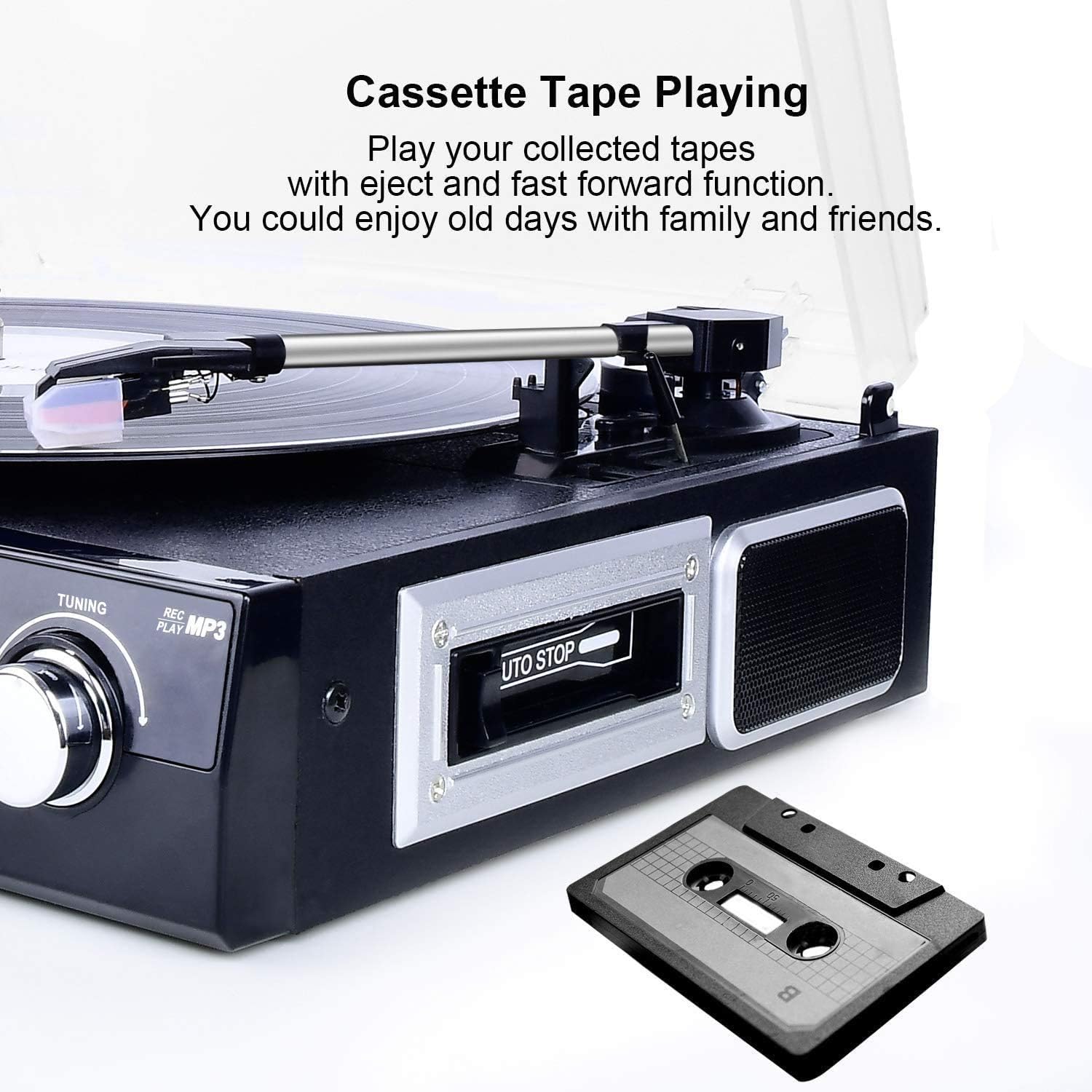 Bluetooth Record Player with Speakers,Support Cassette Play, AM/FM Radio, Remote Control