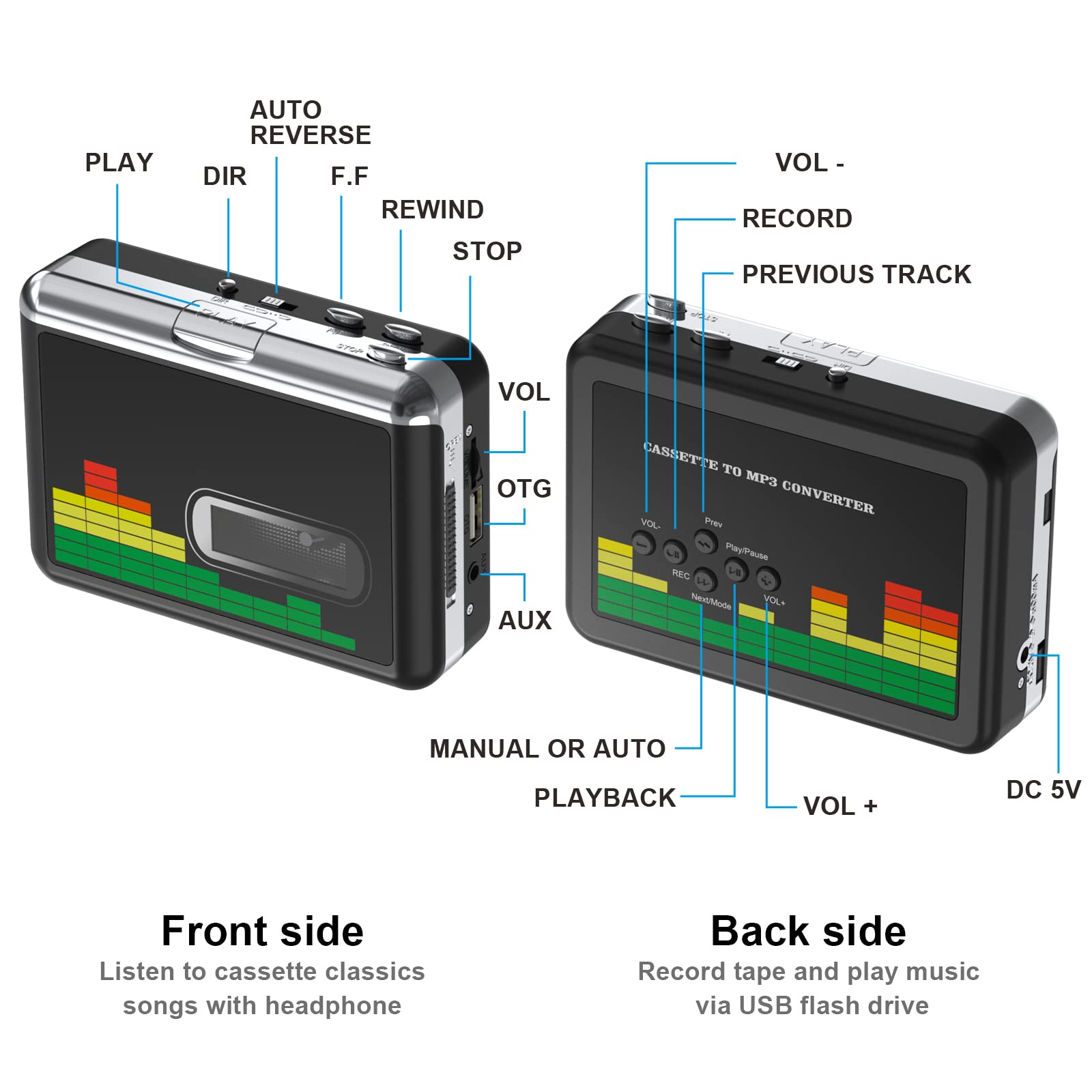 DIGITNOW USB Cassette Player, Portable Walkman Stereo Tape to MP3 Converter, Audio Music Recorder to MP3 Digital File Converter with Earphones, No PC Required, Black