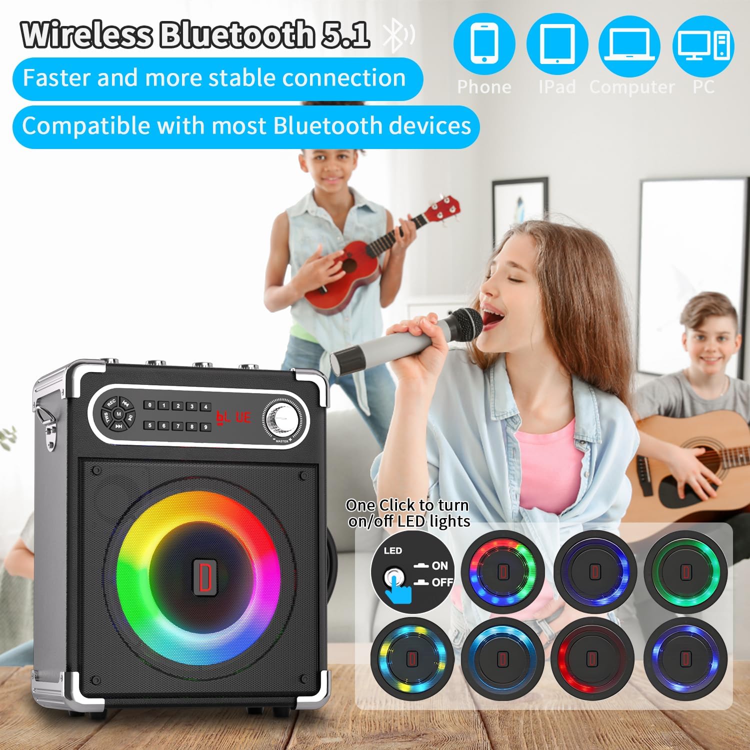 Karaoke Machine with 2 Wireless Microphones,Bluetooth 5.1 Speaker Bass/Treble Adjustment,PA System with Remote Control, Lights, Supports TF Card/USB, AUX in,TWS,FM,REC Party