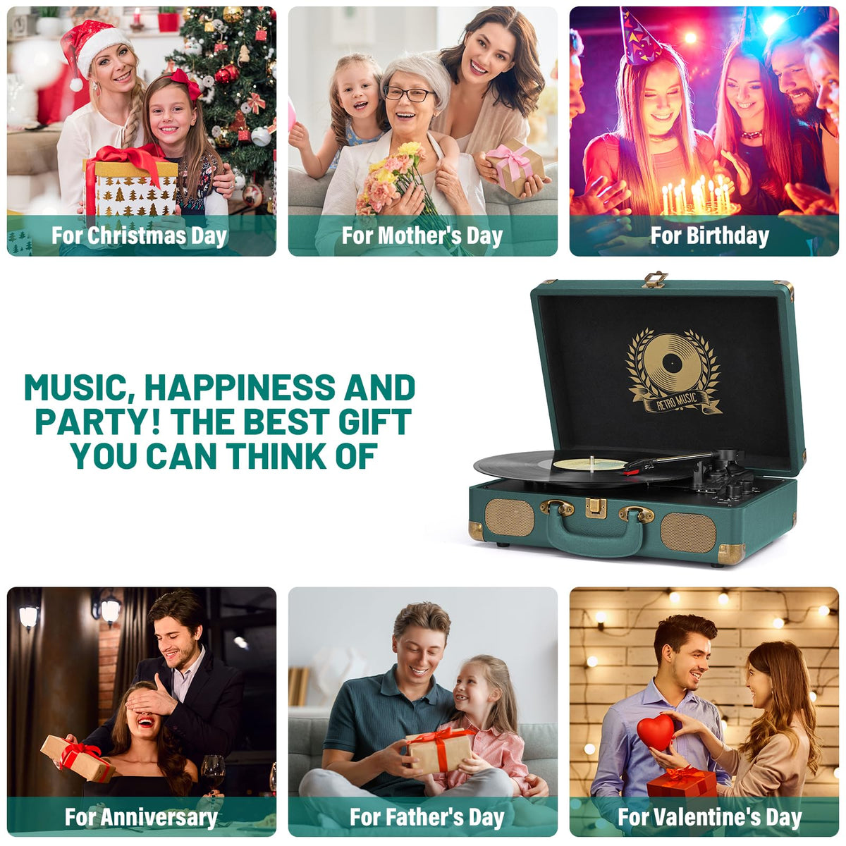 Vinyl Record Player Bluetooth Turntable 3-Speed Suitcase Portable Vintage Belt-Driven Record Player with Built-in Speakers RCA Line Out AUX in Headphone Jack Hunter Green