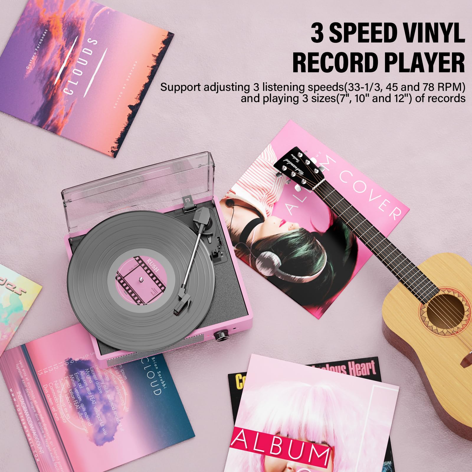 Vinyl Record Player with 2 Stereo Speakers Belt-Driven Vintage Turntables 3 Speed 3 Size Wireless Bluetooth Playback AUX-in RCA Out Headphone LP Vinyl Players Auto Stop Pale Pink